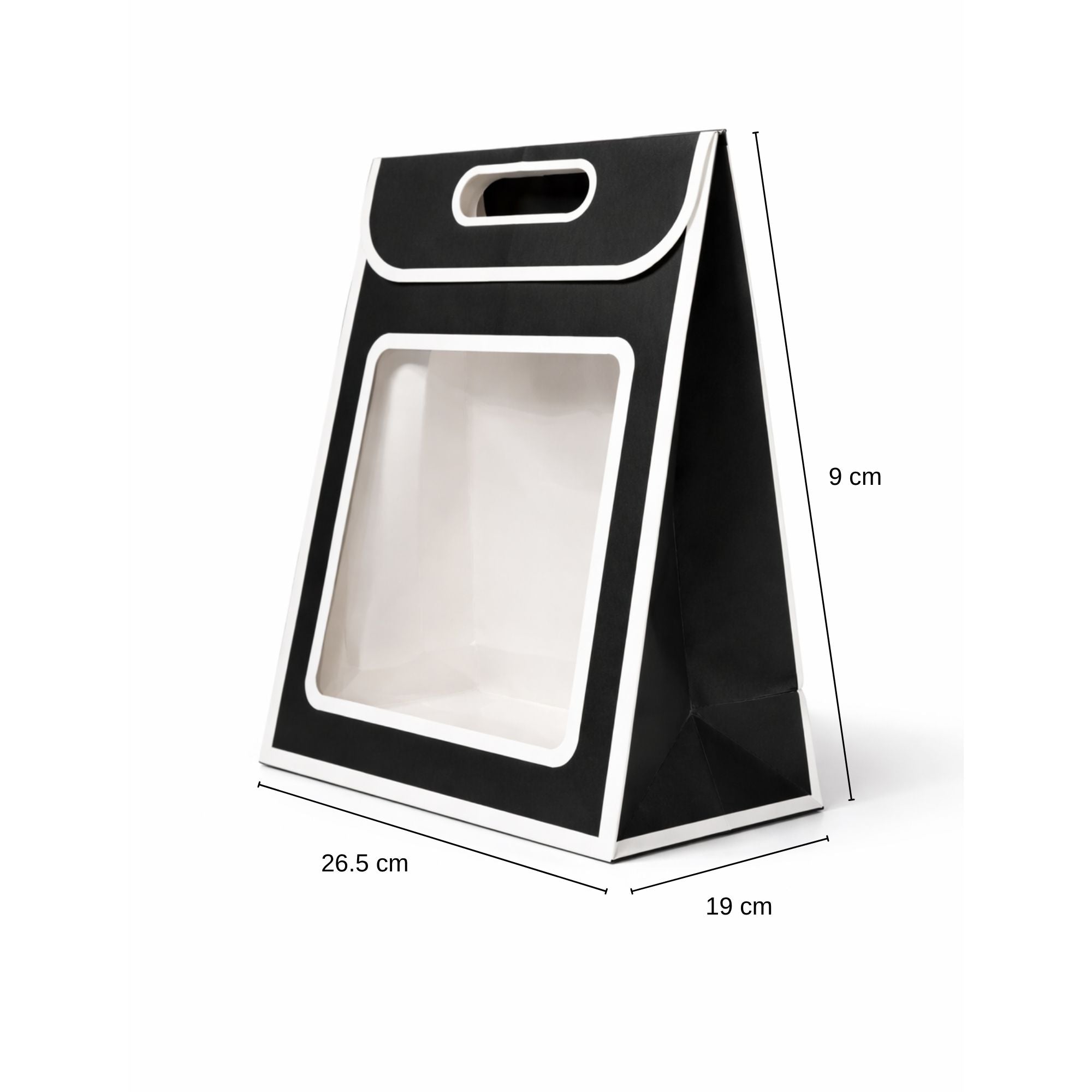 Premium Window Gift Bag — Matte Black & White | Clear PVC Front Panel | Die-Cut Handle | Pack of 12