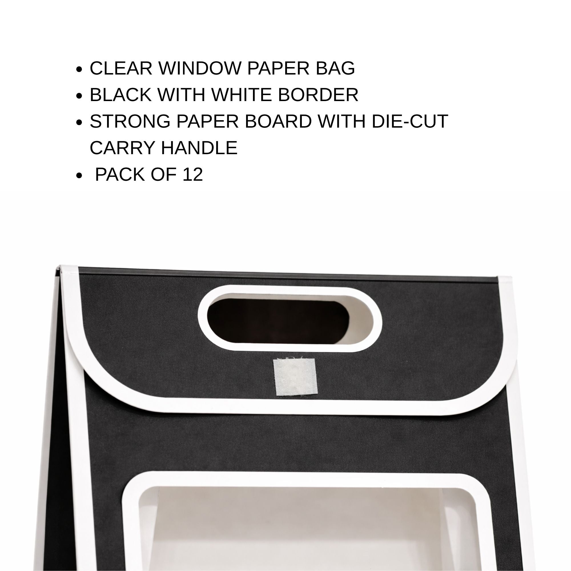 Premium Window Gift Bag — Matte Black & White | Clear PVC Front Panel | Die-Cut Handle | Pack of 12