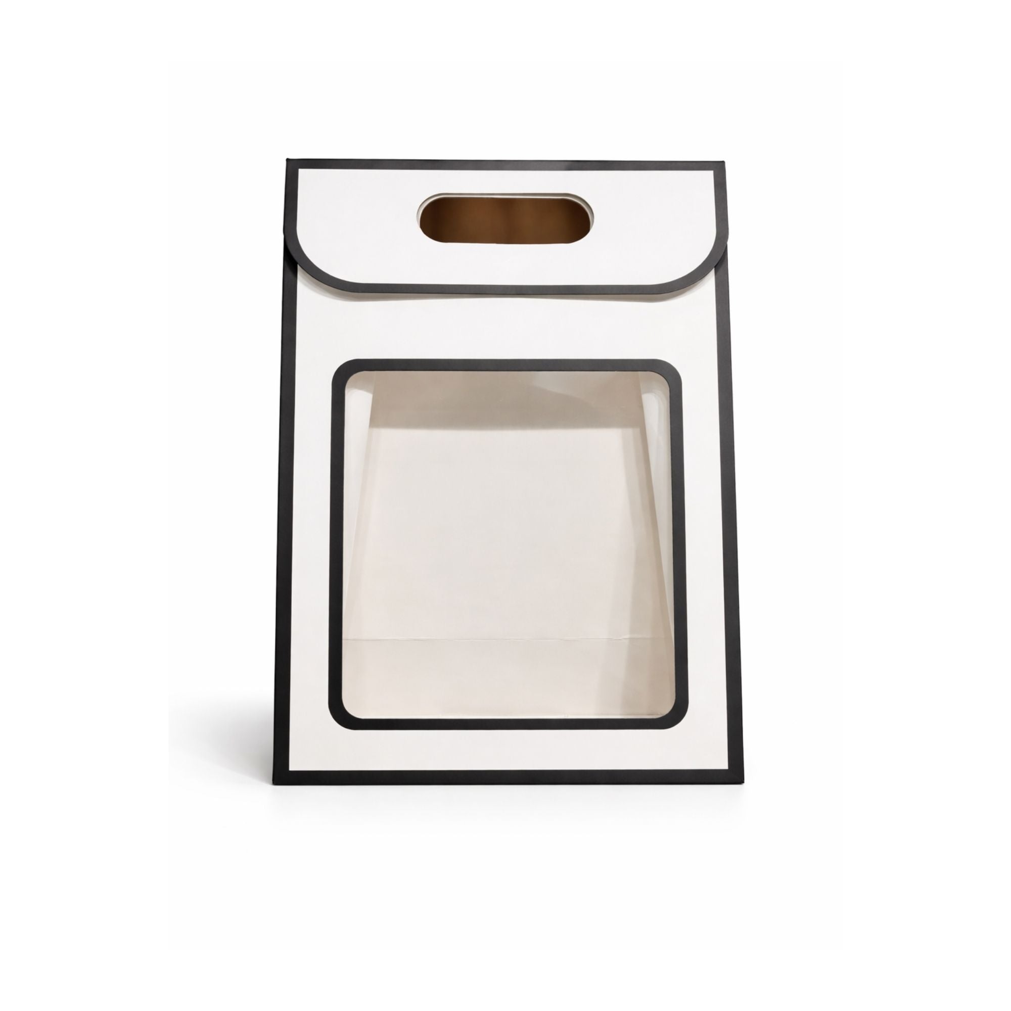 Premium Window Gift Bag — Matte Black & White | Clear PVC Front Panel | Die-Cut Handle | Pack of 12