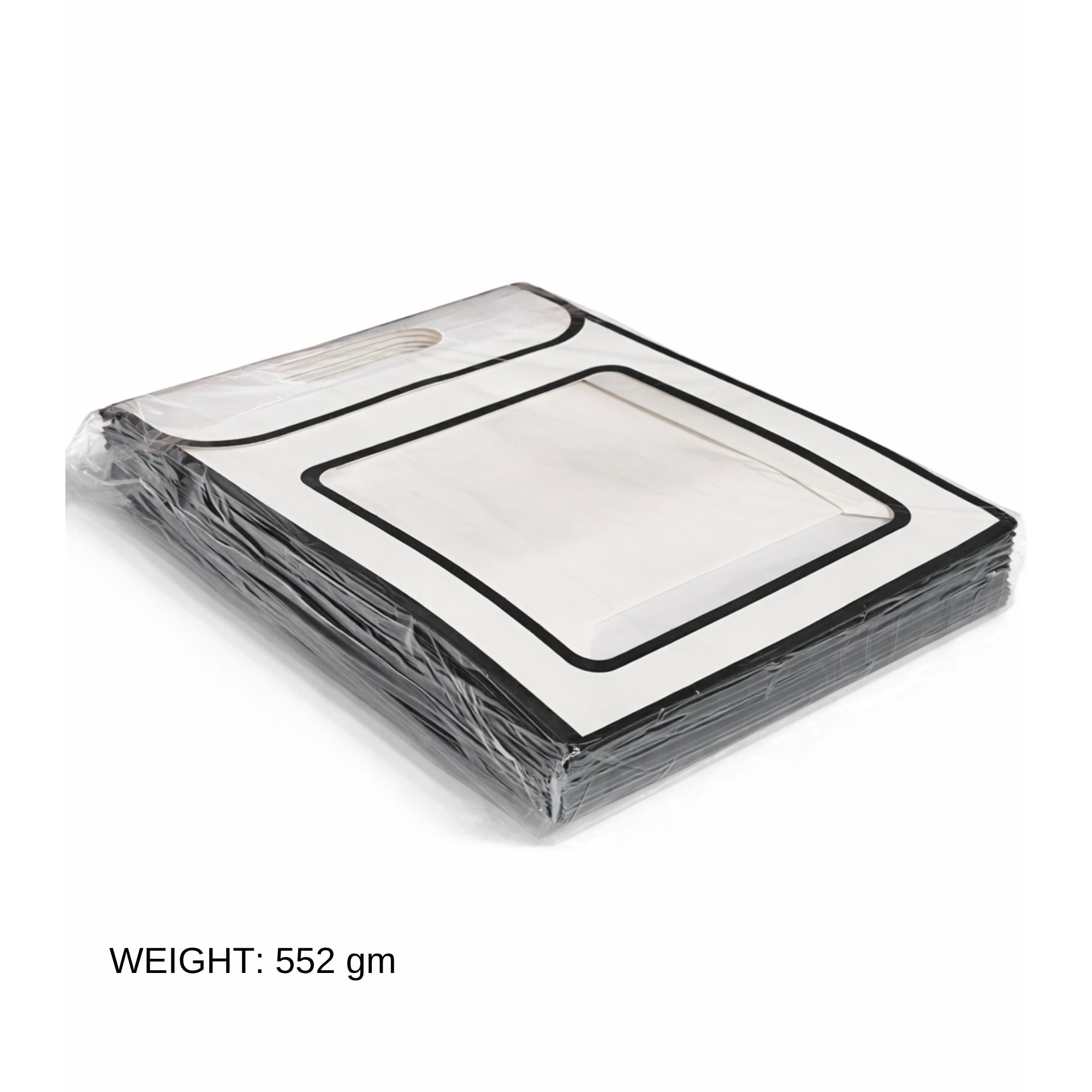Premium Window Gift Bag — Matte Black & White | Clear PVC Front Panel | Die-Cut Handle | Pack of 12