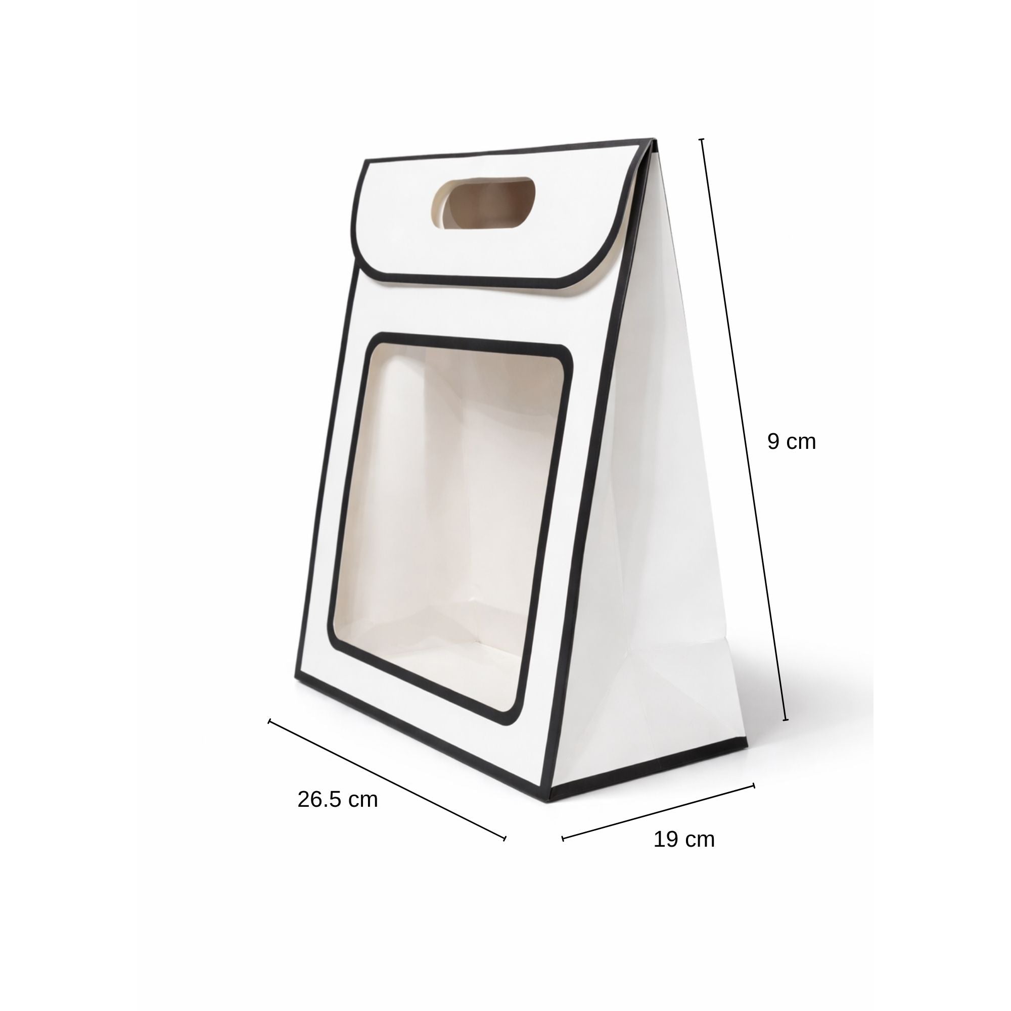 Premium Window Gift Bag — Matte Black & White | Clear PVC Front Panel | Die-Cut Handle | Pack of 12