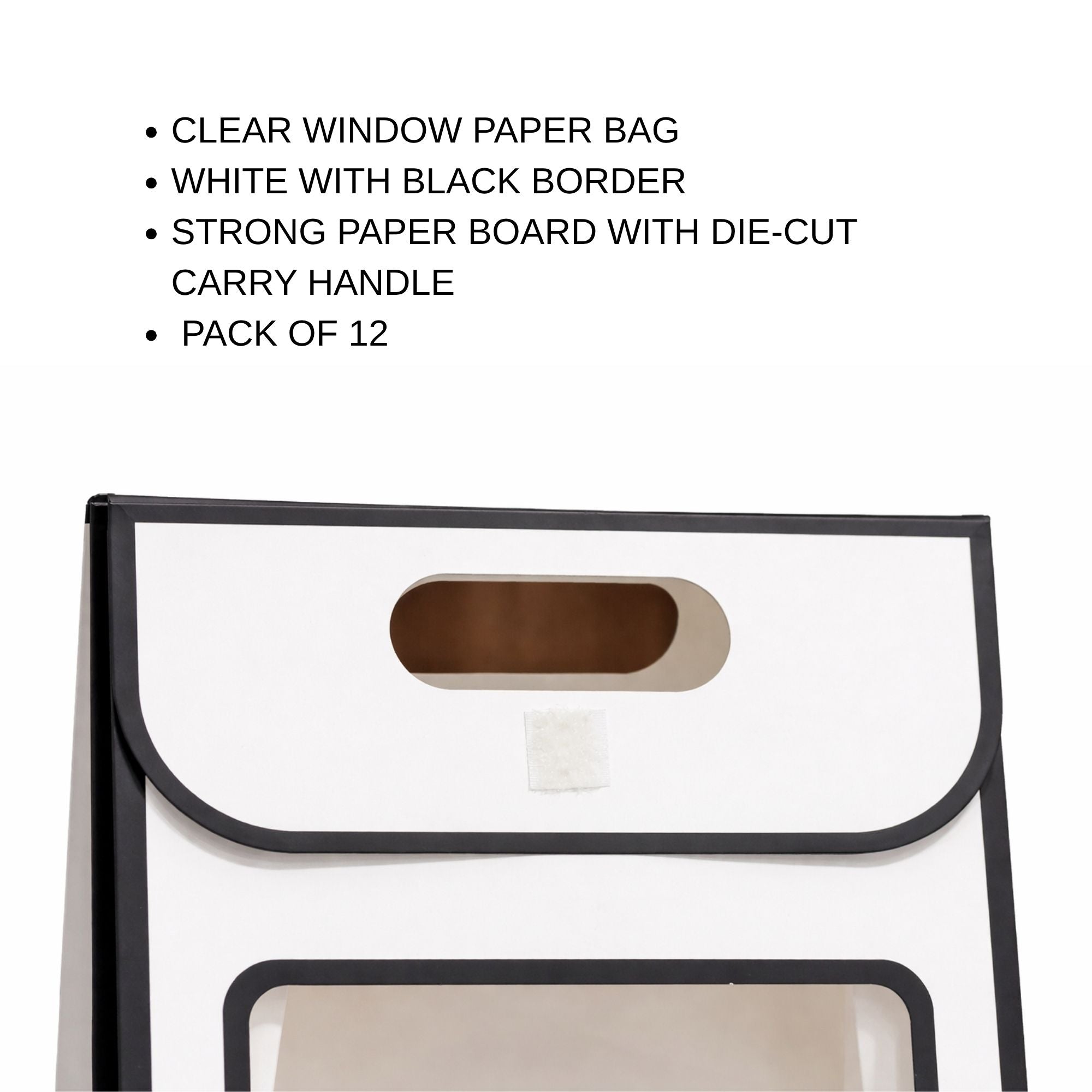 Premium Window Gift Bag — Matte Black & White | Clear PVC Front Panel | Die-Cut Handle | Pack of 12