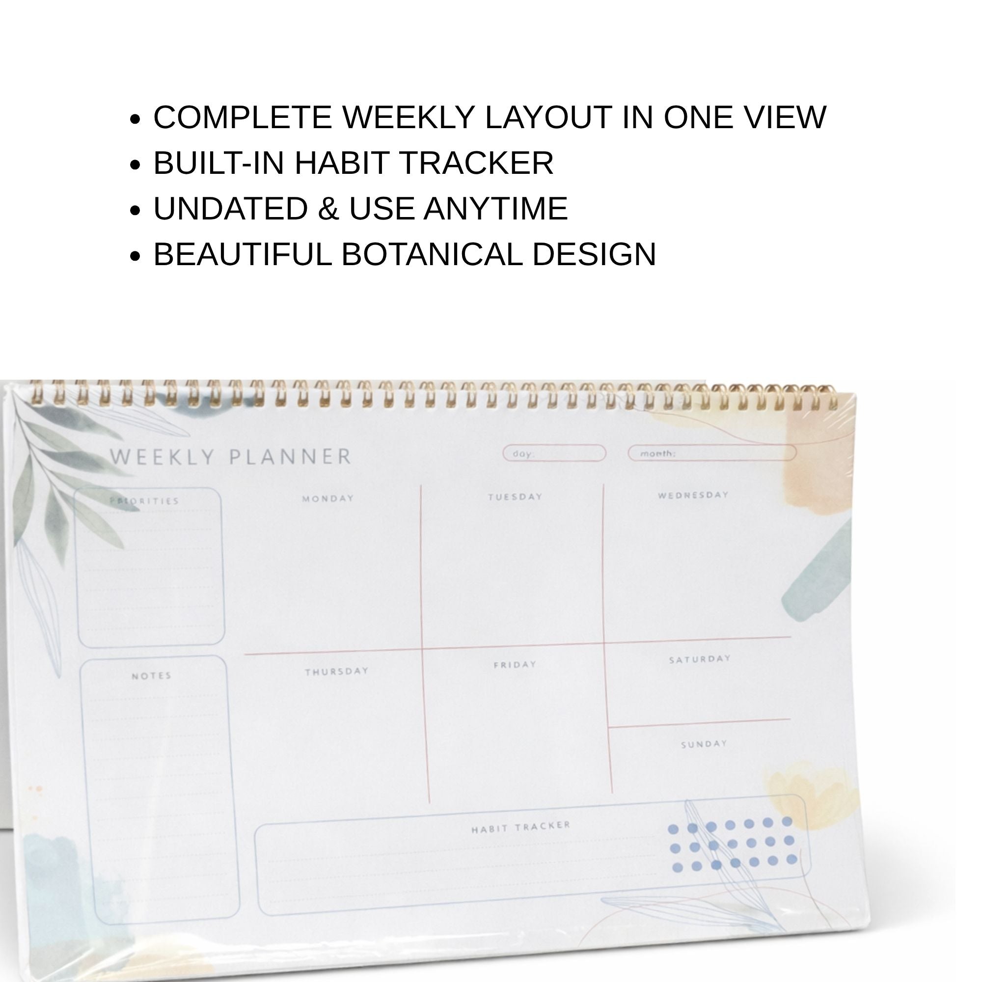 Weekly planner with botanical design on a white background