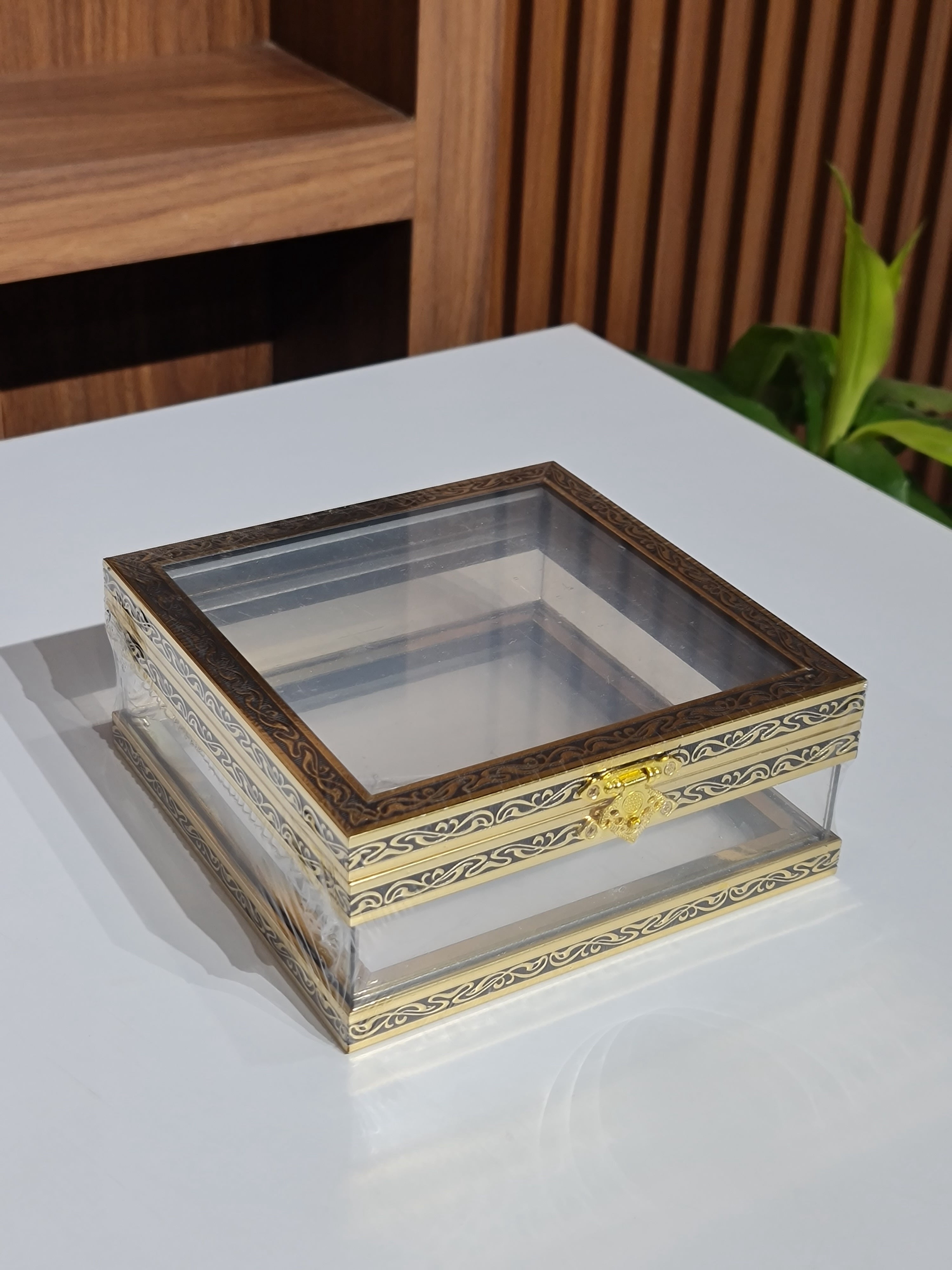 Square Acrylic Display Box | Black & Gold Metal Frame | Luxury Gift & Trousseau Packaging