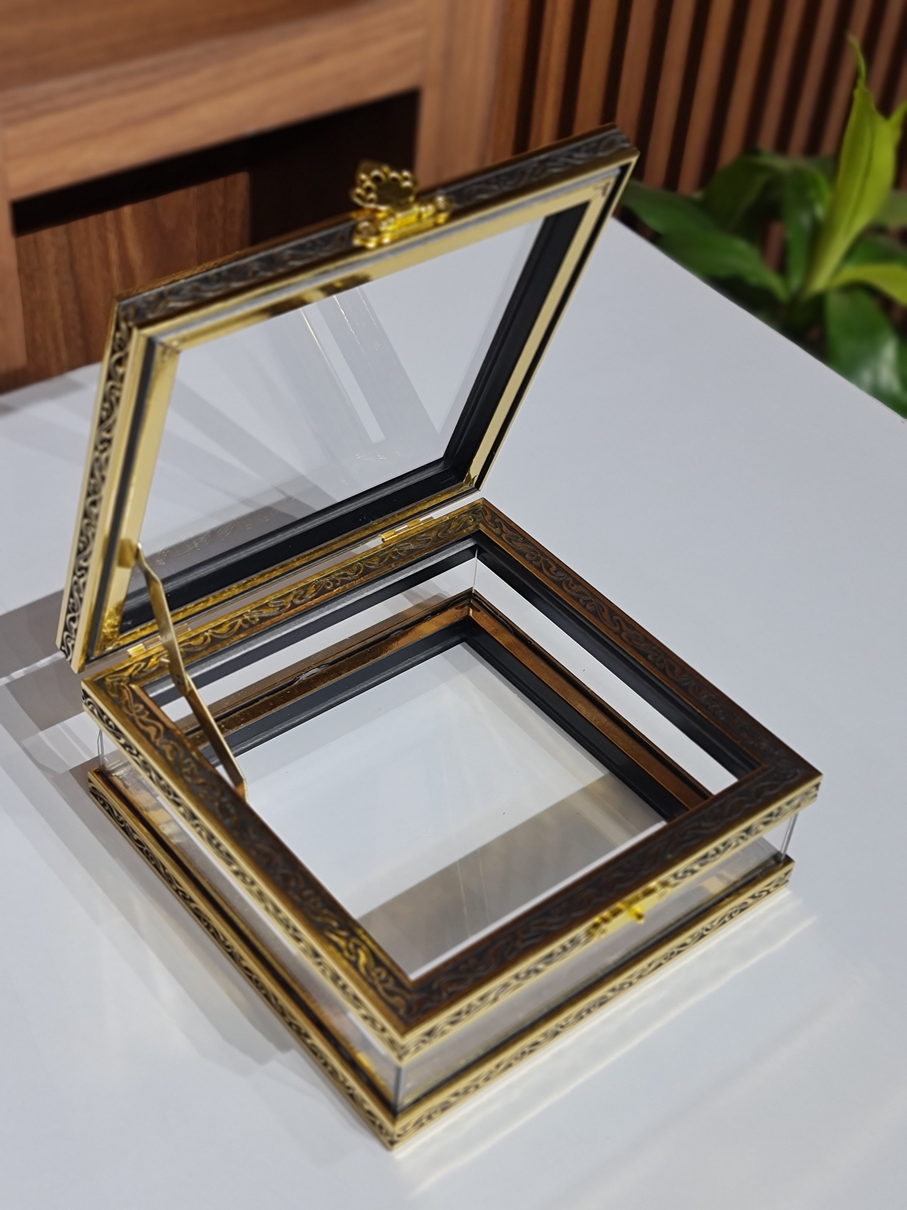 Square Acrylic Display Box | Black & Gold Metal Frame | Luxury Gift & Trousseau Packaging
