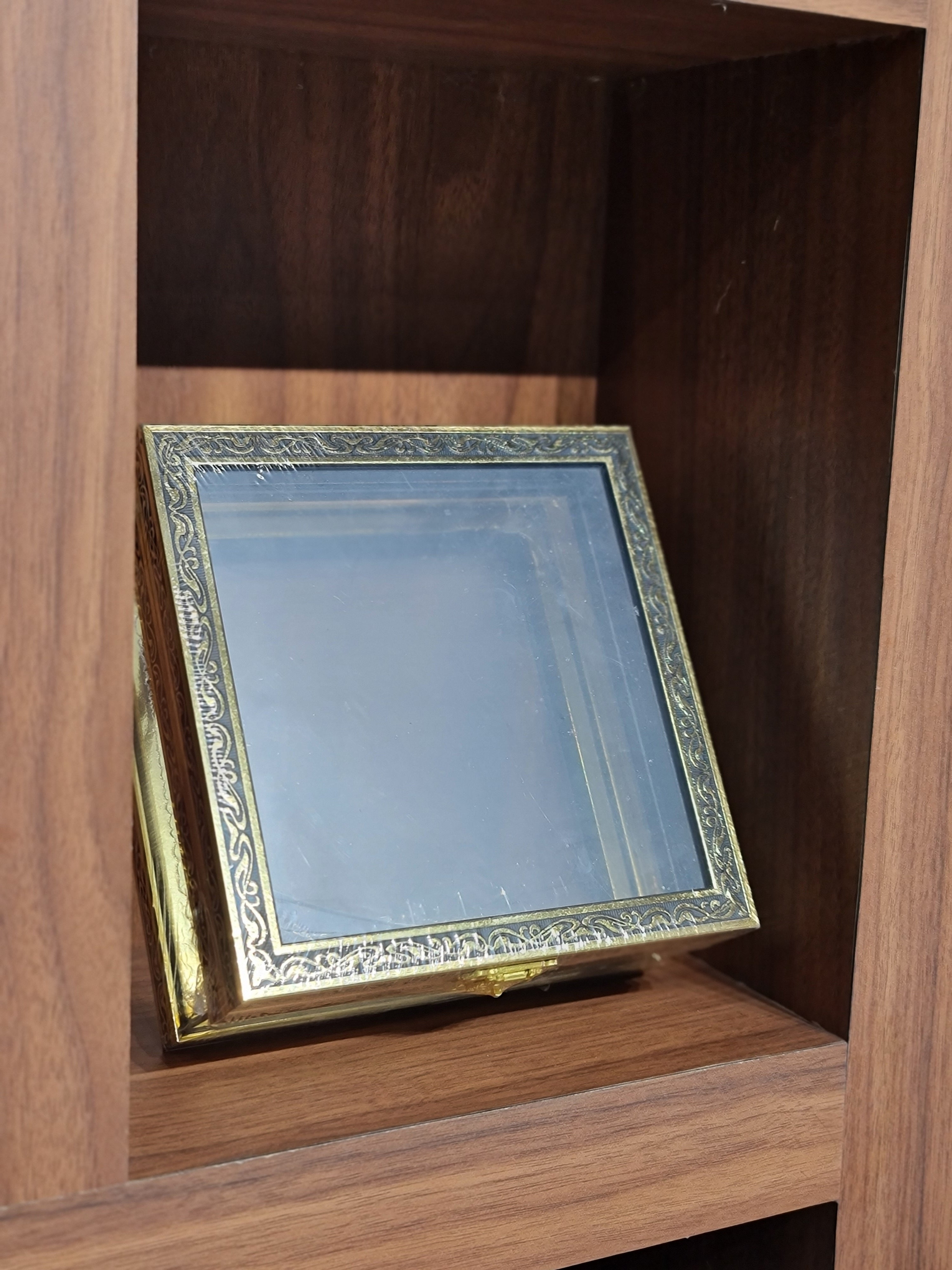 Square Acrylic Display Box | Black & Gold Metal Frame | Luxury Gift & Trousseau Packaging
