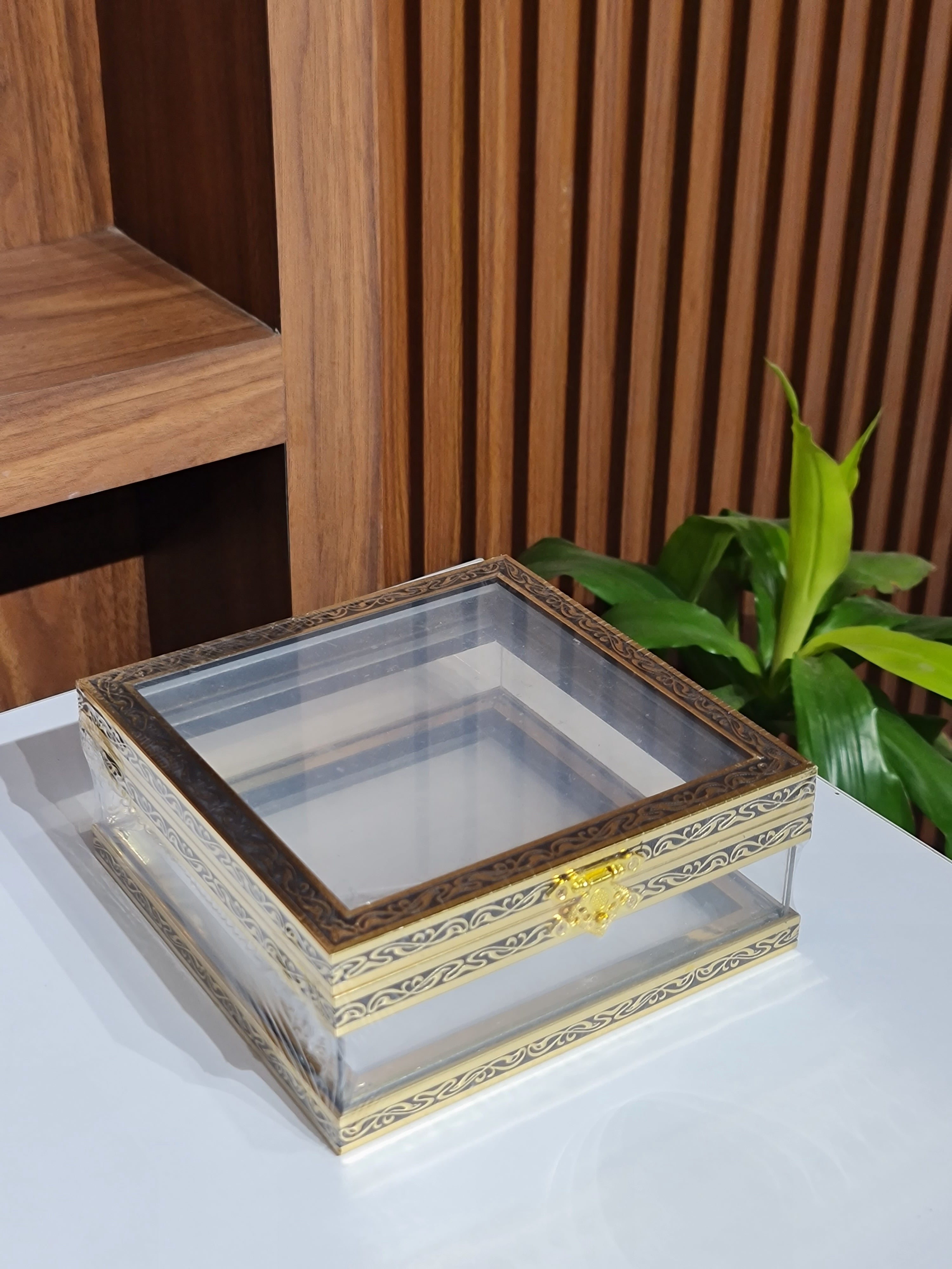 Square Acrylic Display Box | Black & Gold Metal Frame | Luxury Gift & Trousseau Packaging