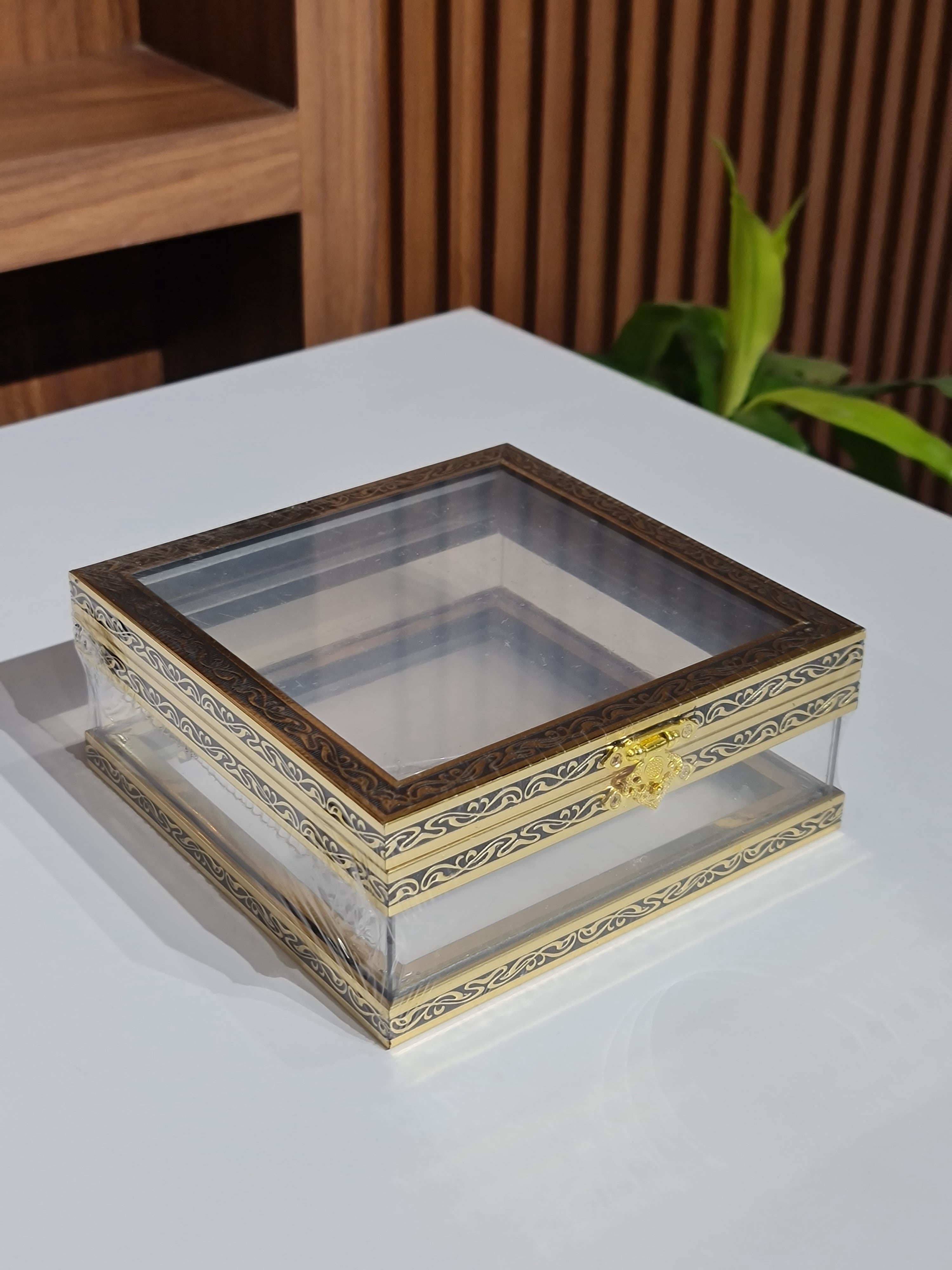 Square Acrylic Display Box | Black & Gold Metal Frame | Luxury Gift & Trousseau Packaging