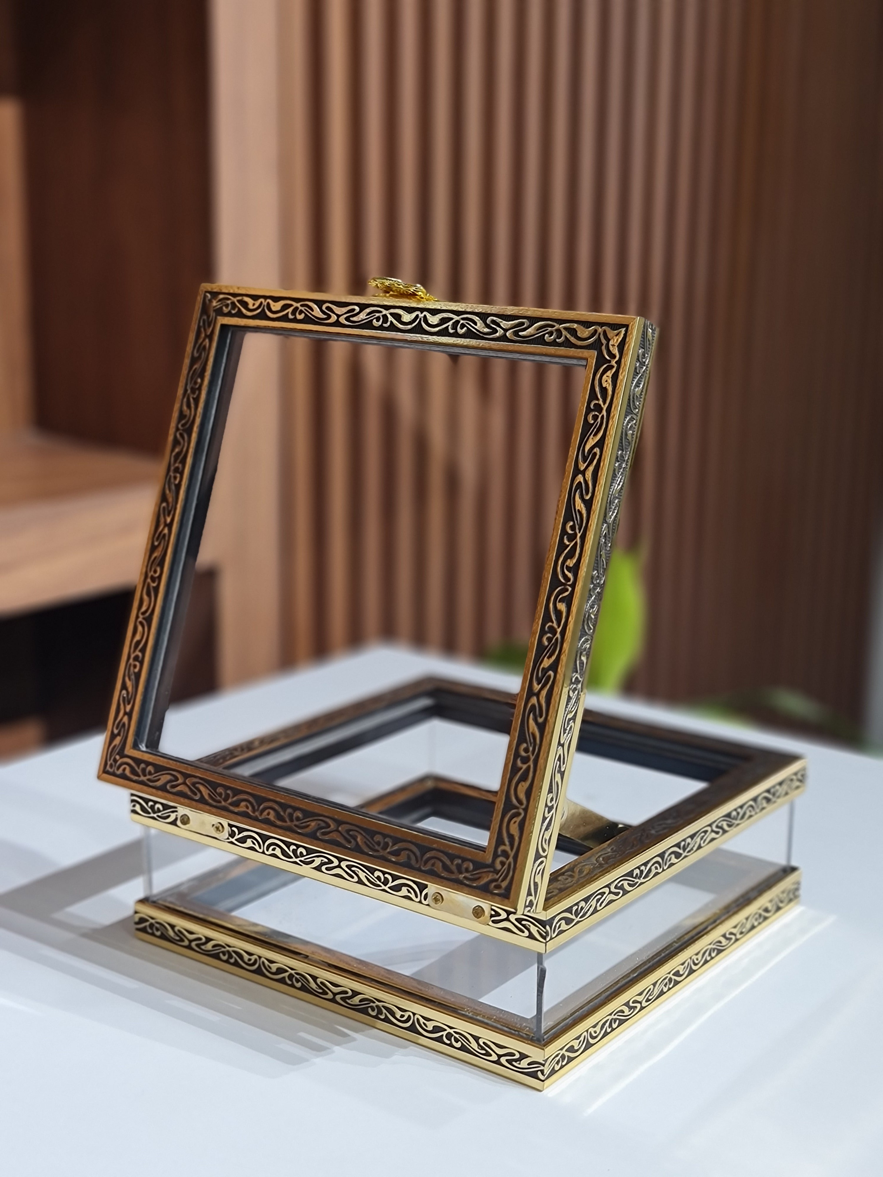 Square Acrylic Display Box | Black & Gold Metal Frame | Luxury Gift & Trousseau Packaging