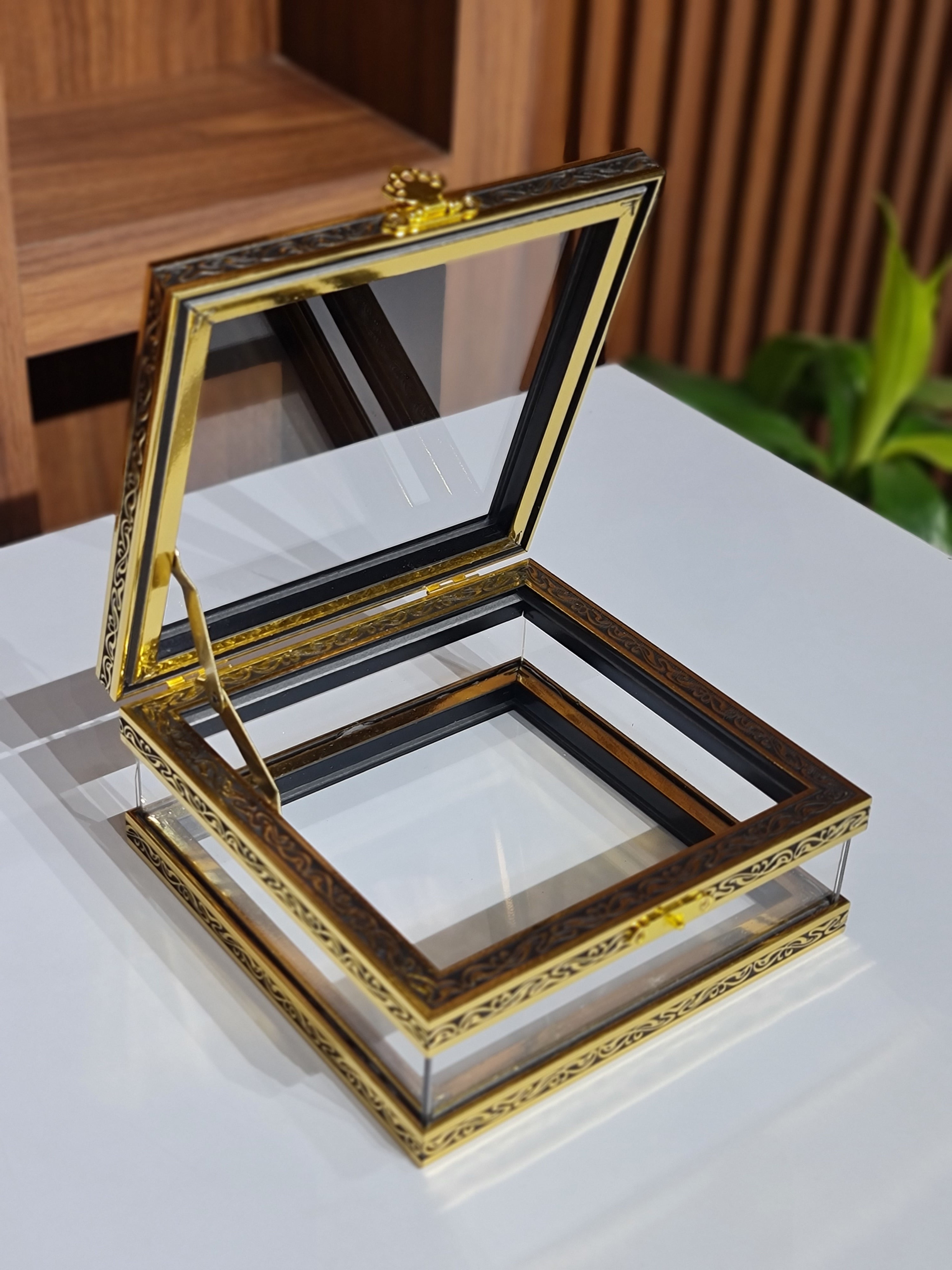 Square Acrylic Display Box | Black & Gold Metal Frame | Luxury Gift & Trousseau Packaging