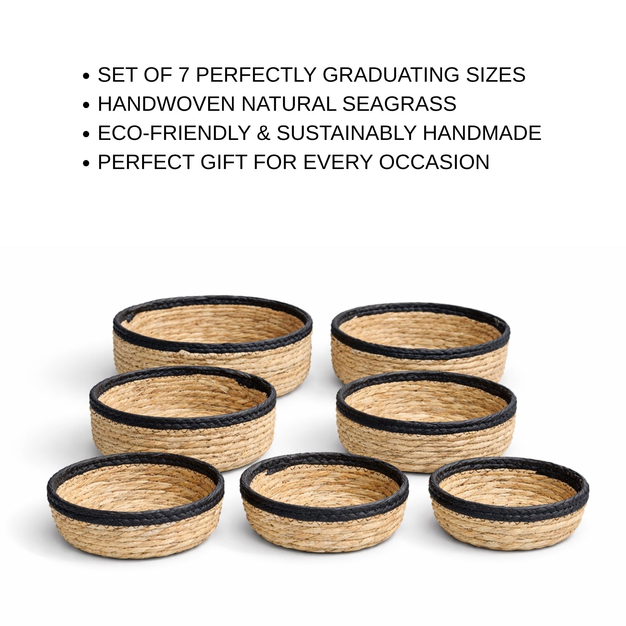 Handwoven Round Nesting Bowl Baskets Set of 7- Natural Seagrass with Coloured Rim