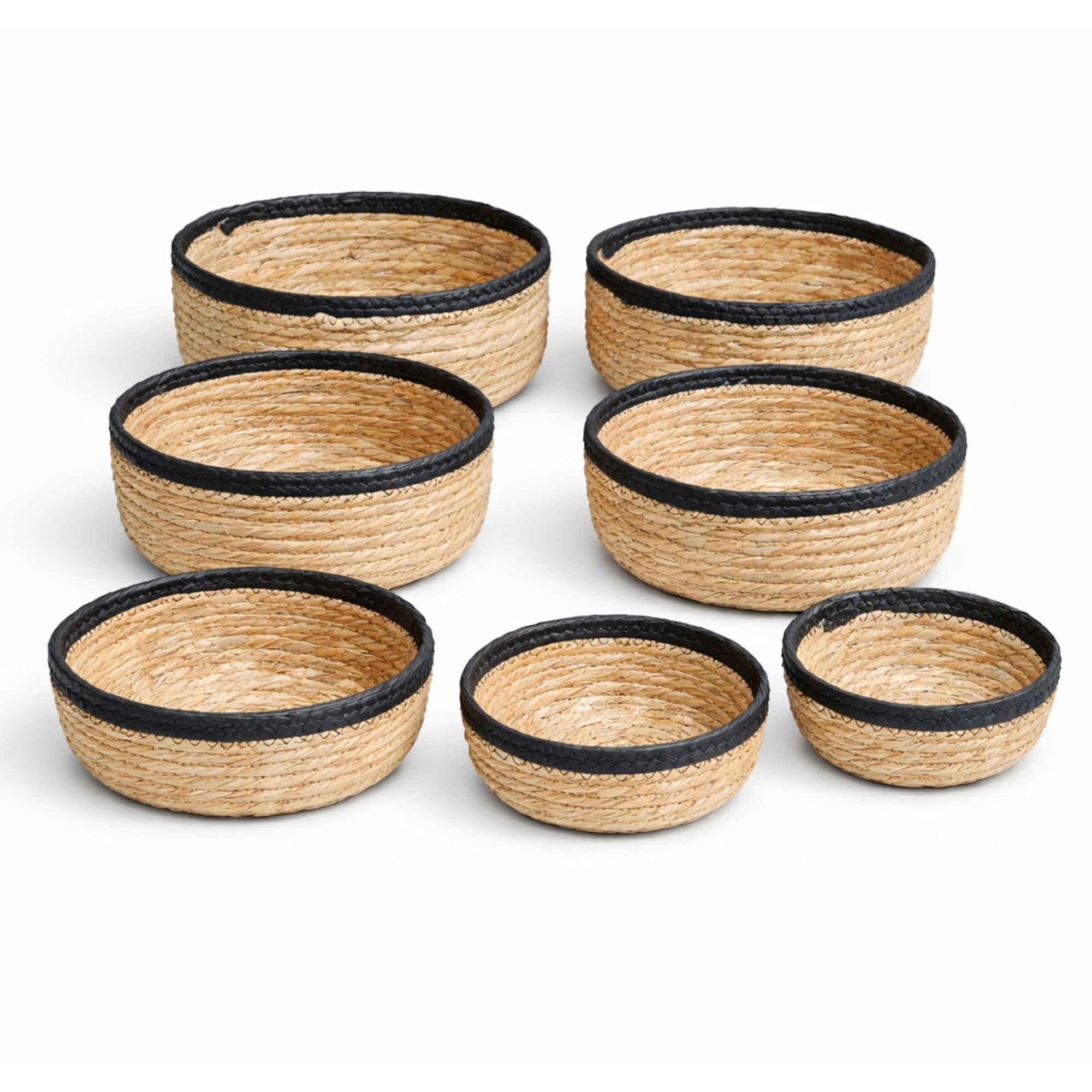 Handwoven Round Nesting Bowl Baskets Set of 7- Natural Seagrass with Coloured Rim