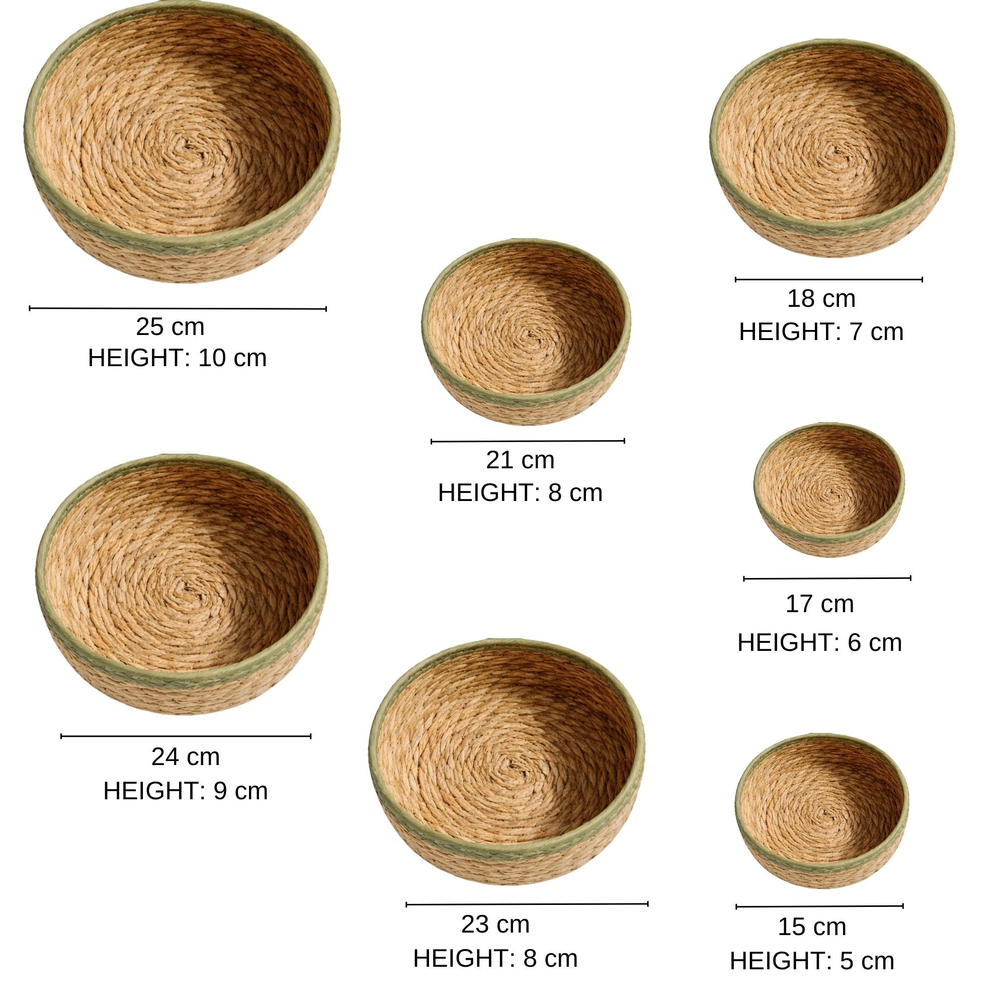 Handwoven Round Nesting Bowl Baskets Set of 7- Natural Seagrass with Coloured Rim