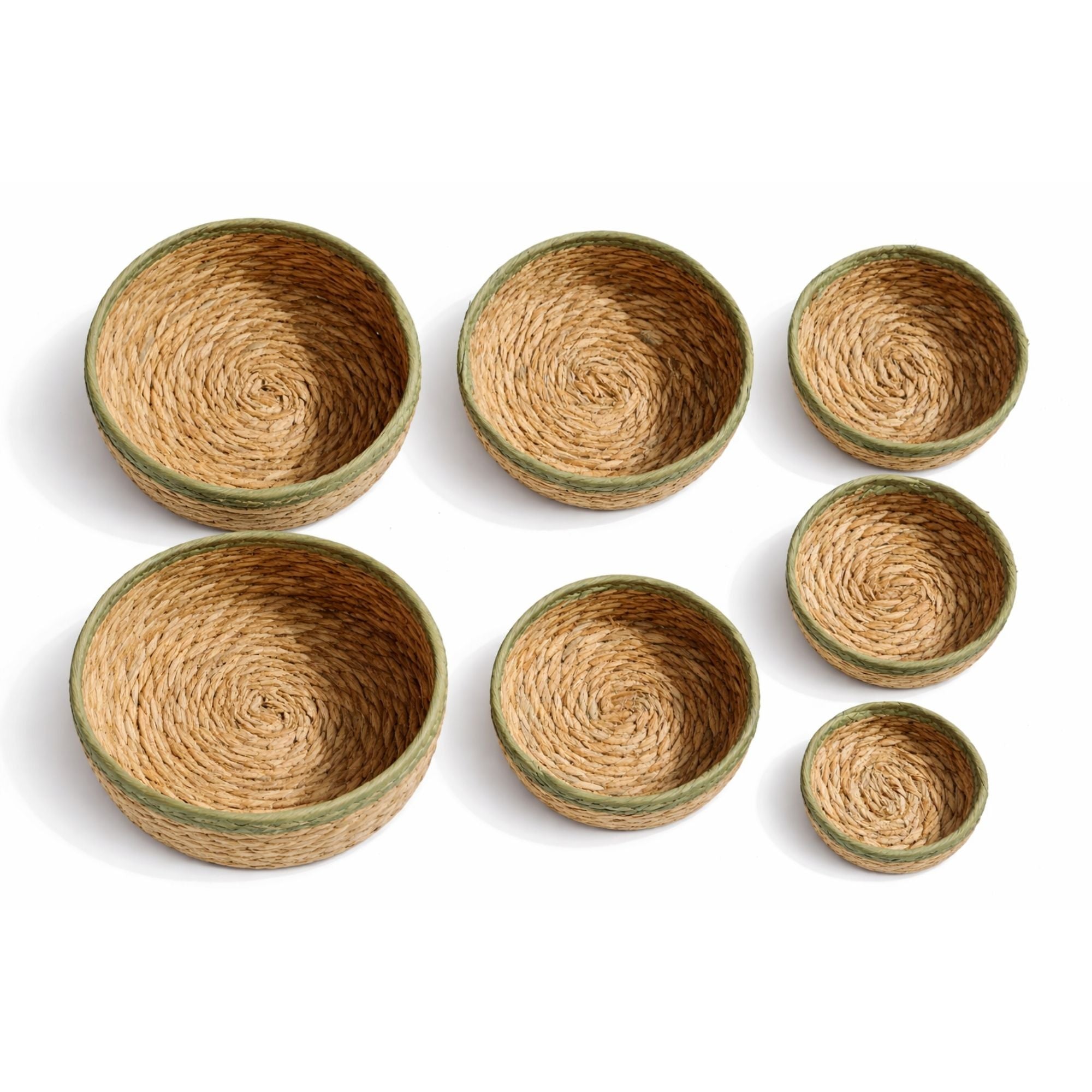 Handwoven Round Nesting Bowl Baskets Set of 7- Natural Seagrass with Coloured Rim