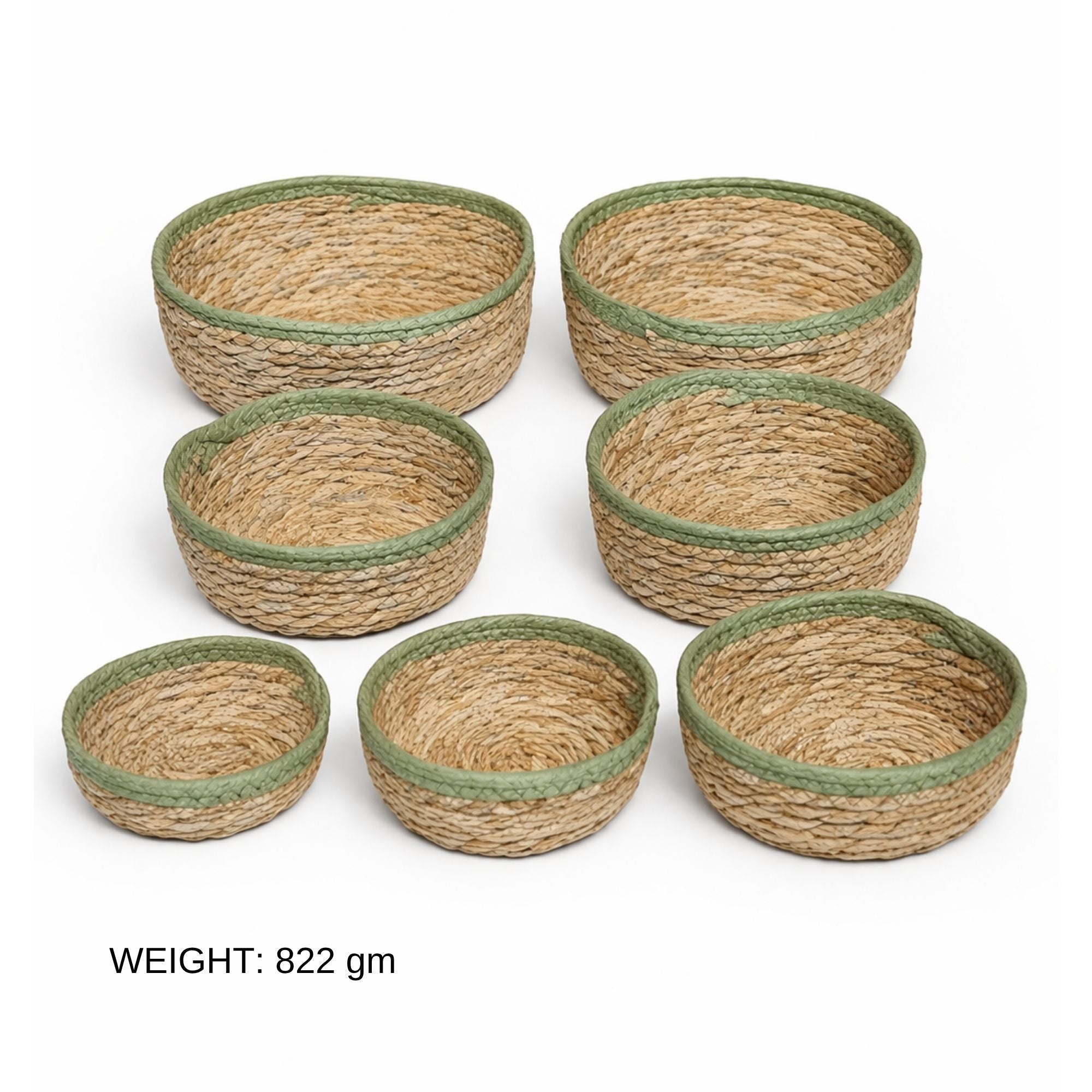 Handwoven Round Nesting Bowl Baskets Set of 7- Natural Seagrass with Coloured Rim