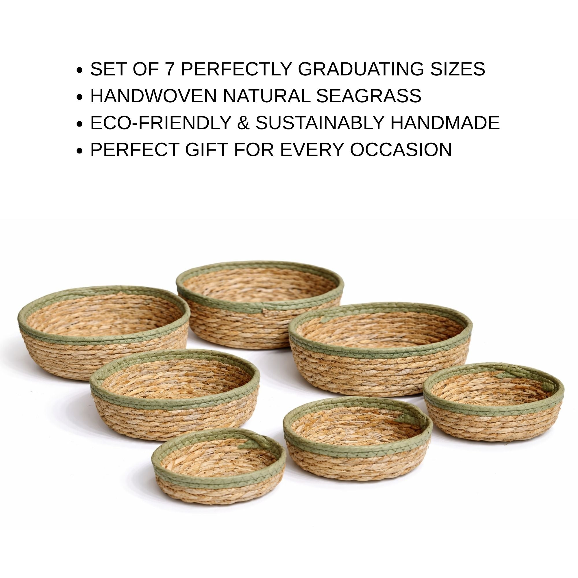 Handwoven Round Nesting Bowl Baskets Set of 7- Natural Seagrass with Coloured Rim