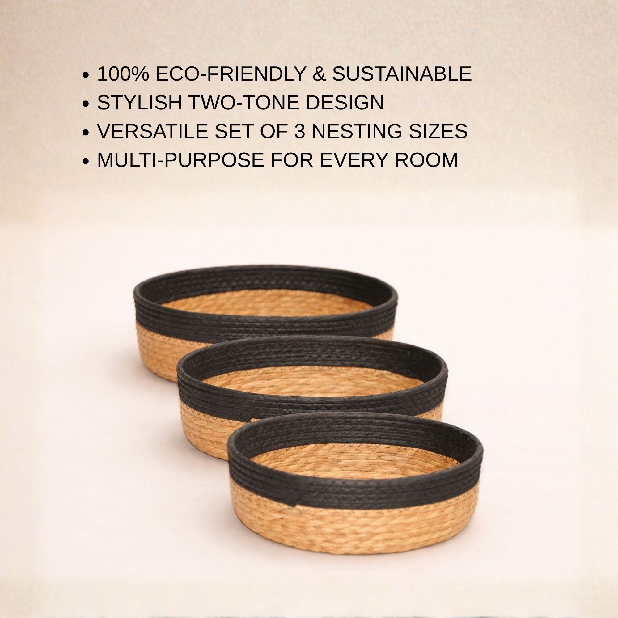 Oval Seagrass Wicker Basket Set of 3 | Natural & Black Boho Storage Baskets