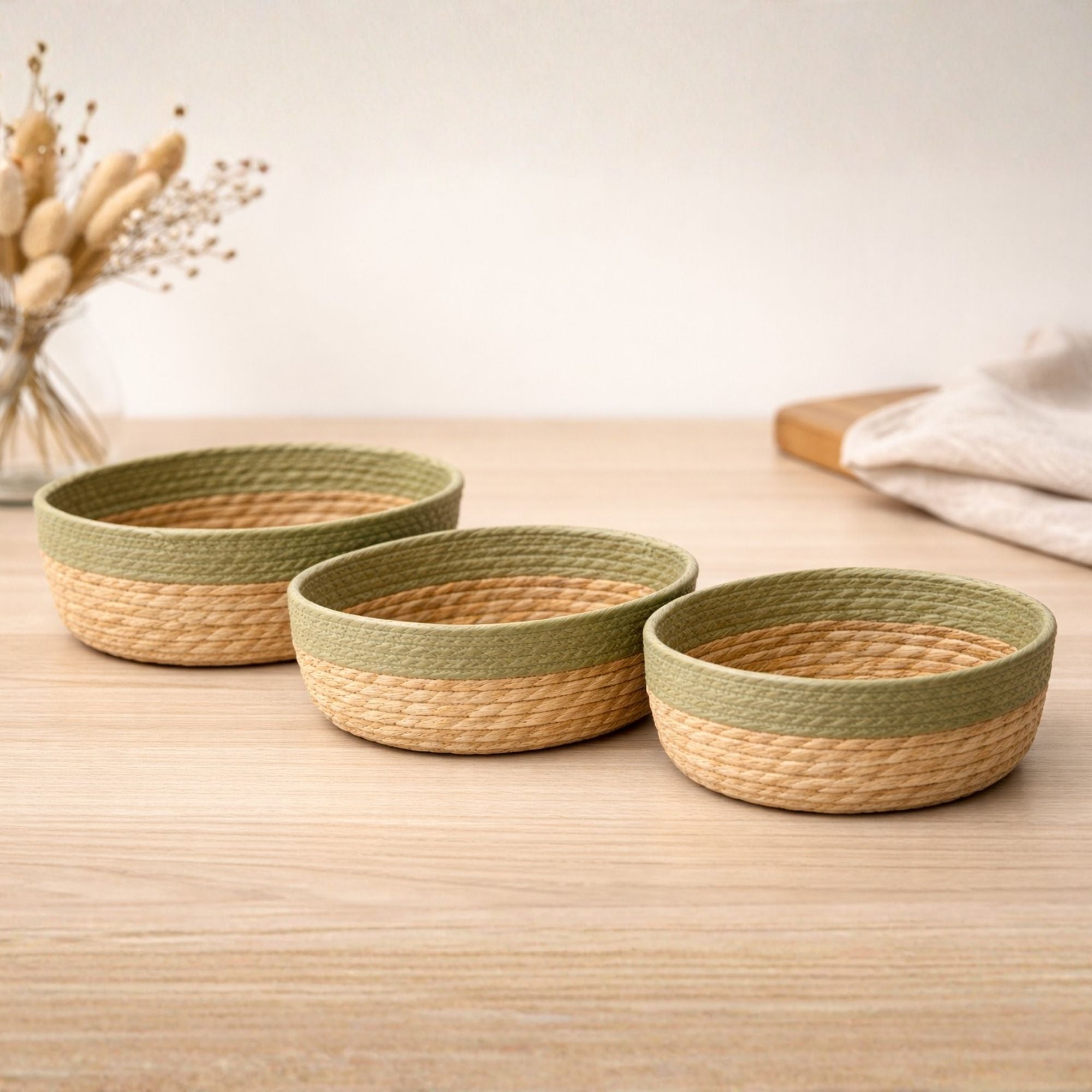 Oval Seagrass Wicker Basket Set of 3 | Natural & Black Boho Storage Baskets