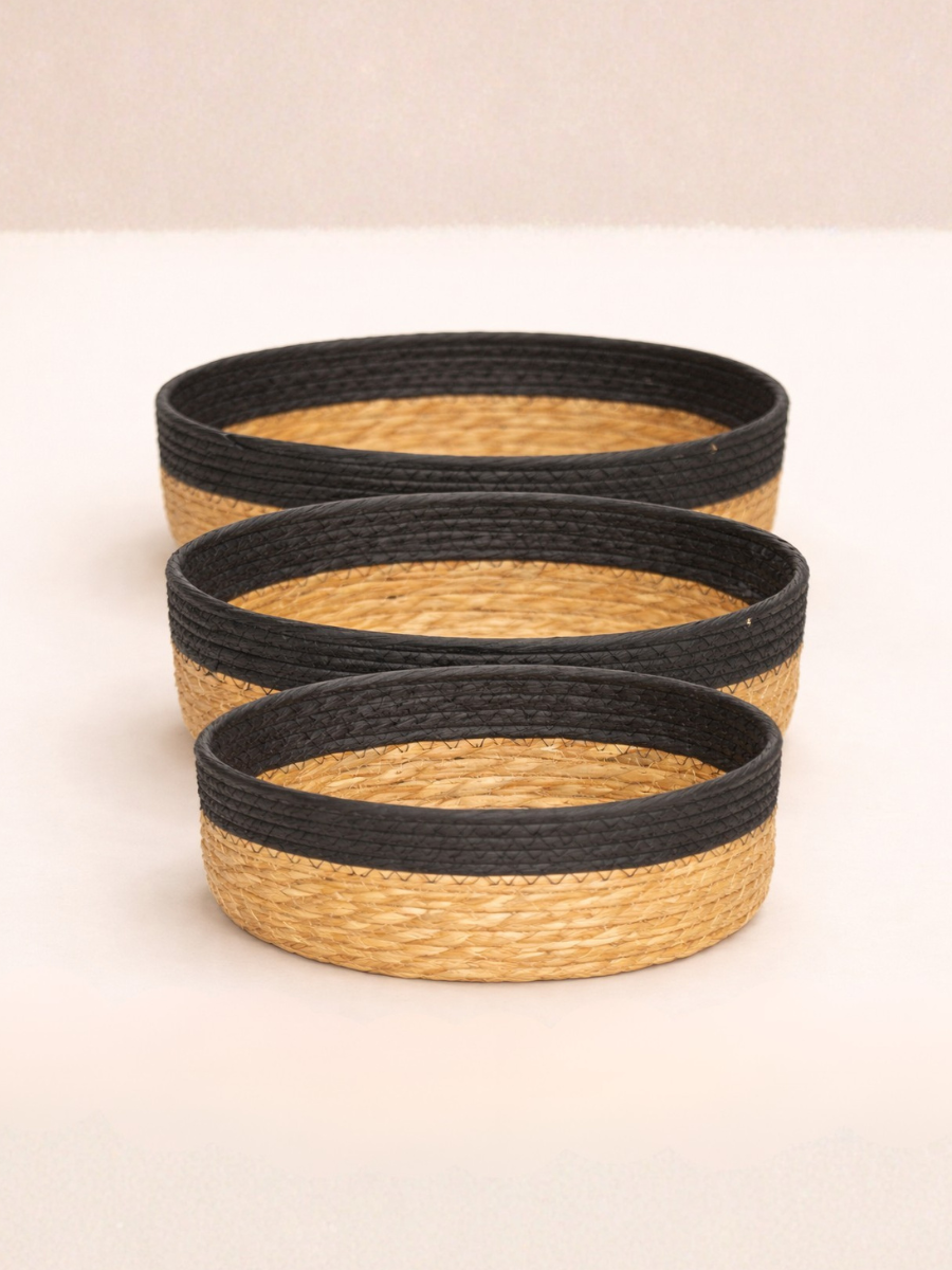 Oval Seagrass Wicker Basket Set of 3 | Natural & Black Boho Storage Baskets