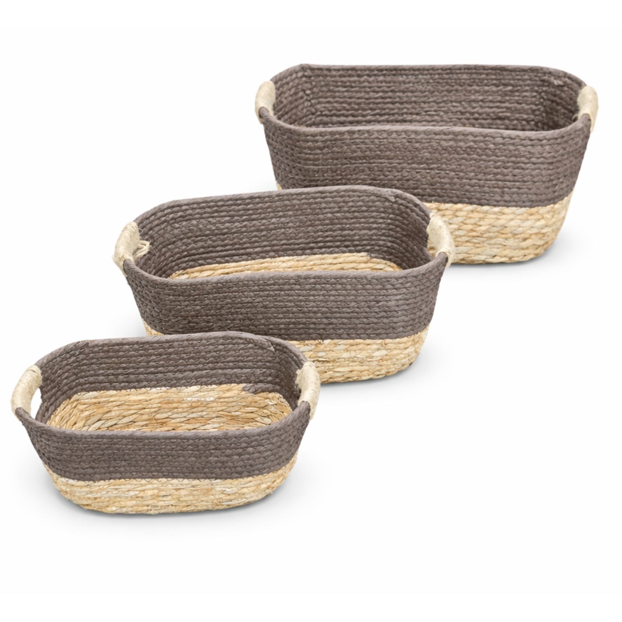 Set of 3 Boho Woven Storage Basket — Handcrafted Seagrass & Cotton Rope Organiser Baskets