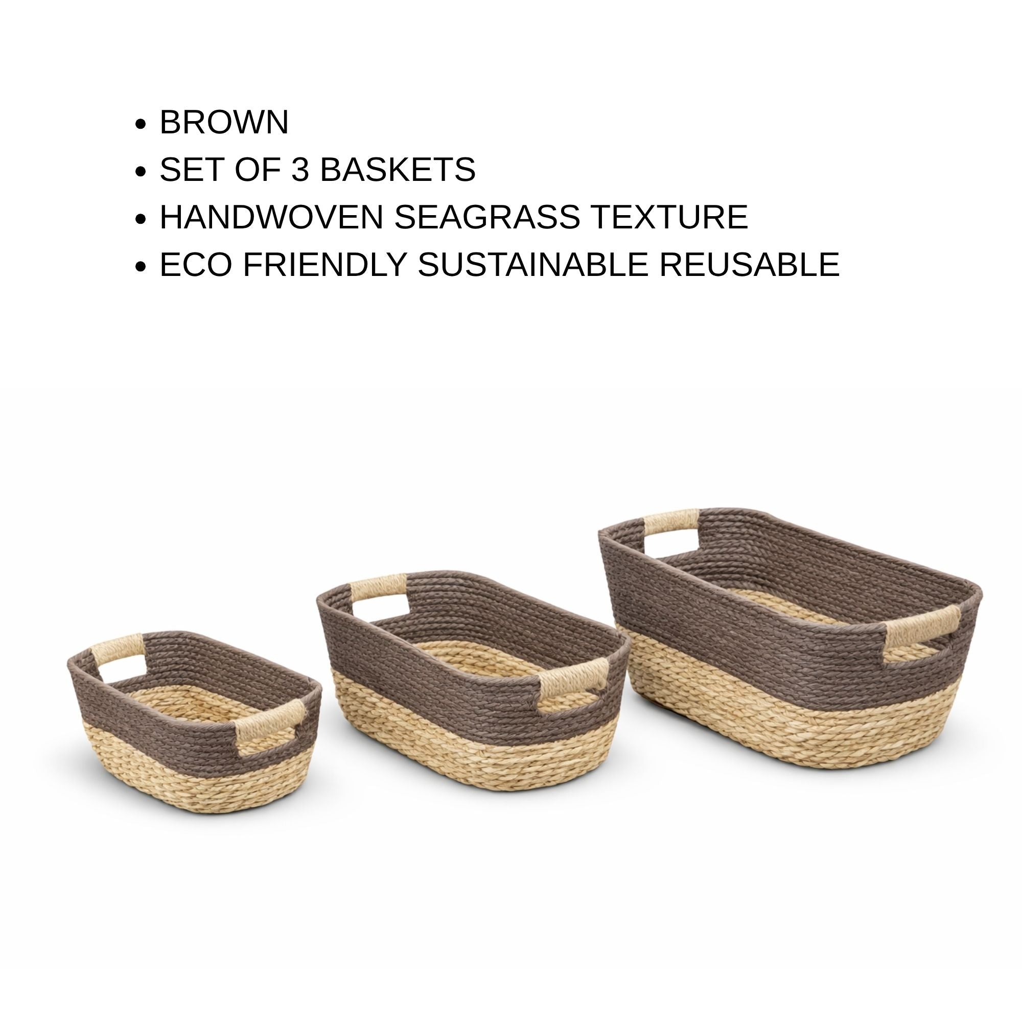 Set of 3 Boho Woven Storage Basket — Handcrafted Seagrass & Cotton Rope Organiser Baskets
