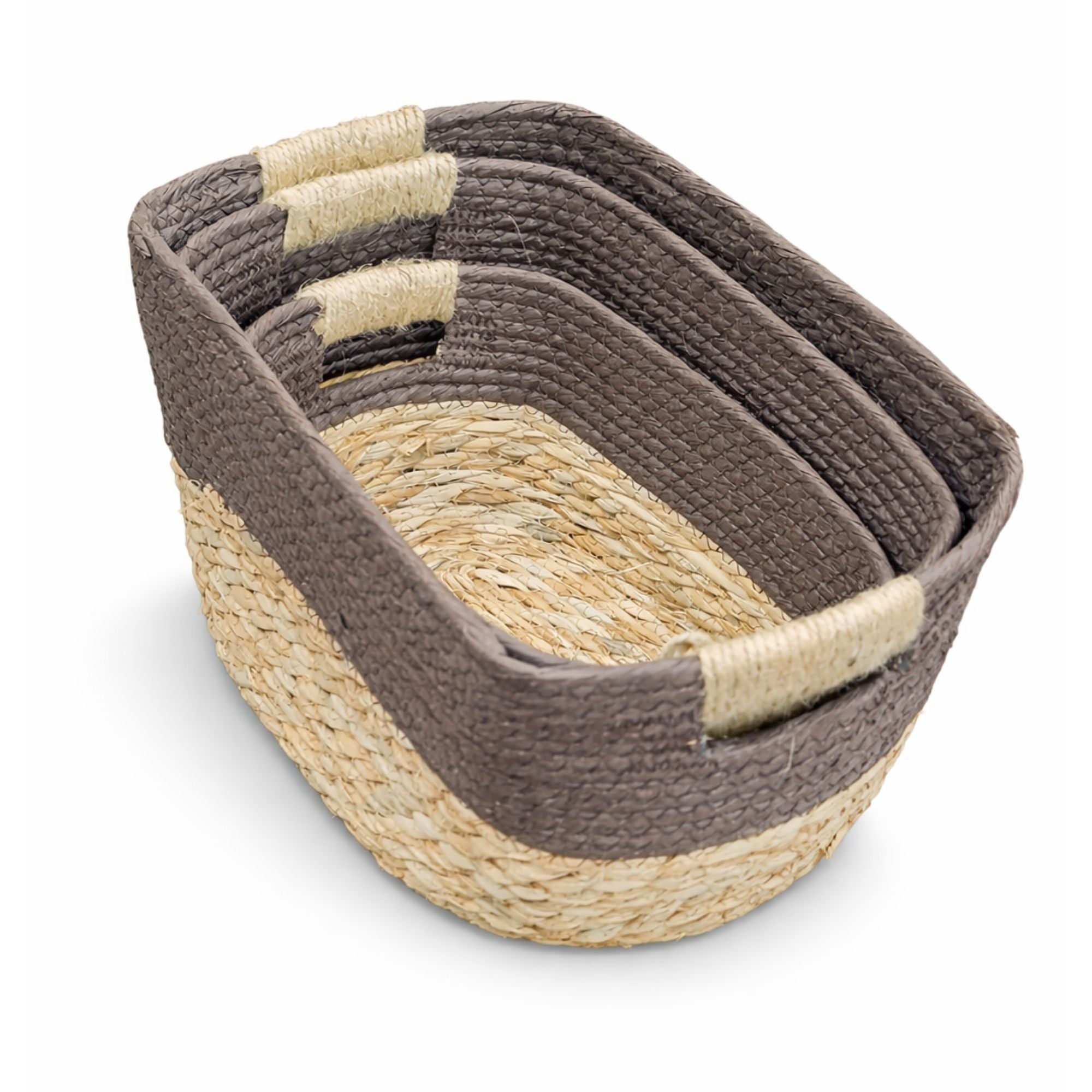 Set of 3 Boho Woven Storage Basket — Handcrafted Seagrass & Cotton Rope Organiser Baskets