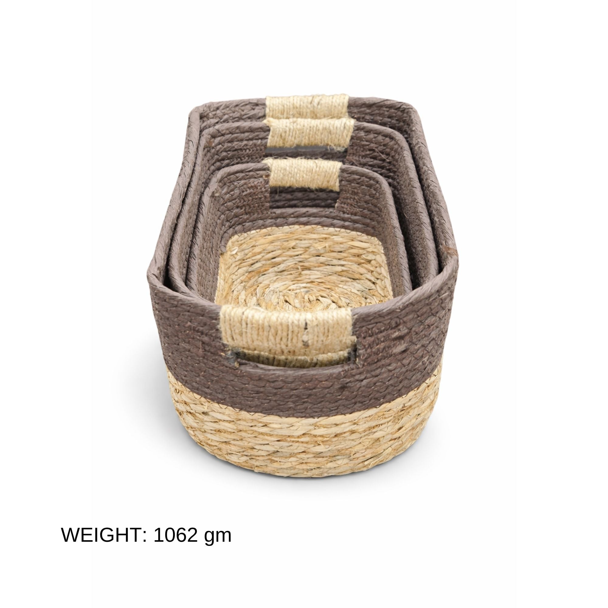 Set of 3 Boho Woven Storage Basket — Handcrafted Seagrass & Cotton Rope Organiser Baskets