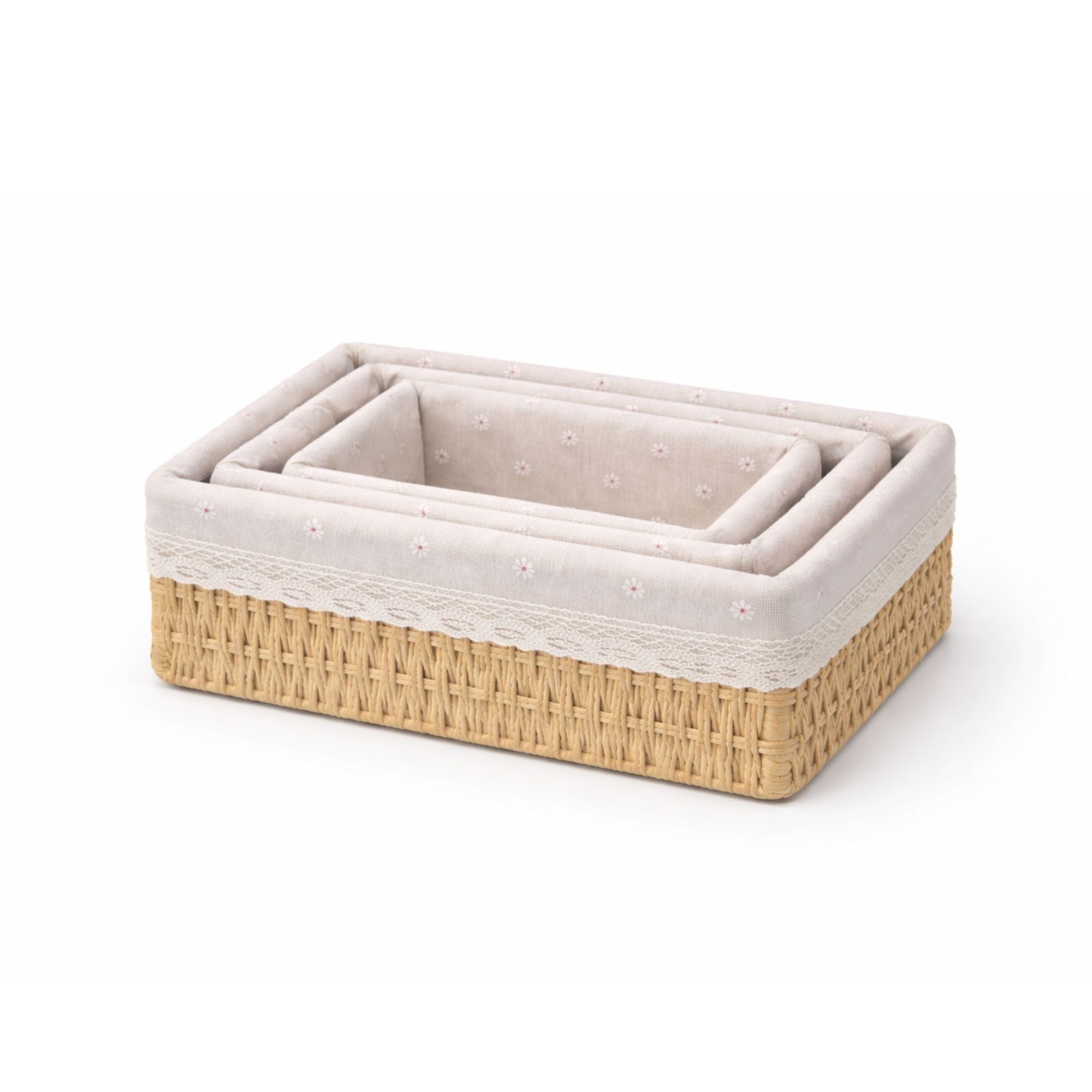Set of 3 Paper Rope Woven Storage Baskets with Fabric Lining & Lace Trim