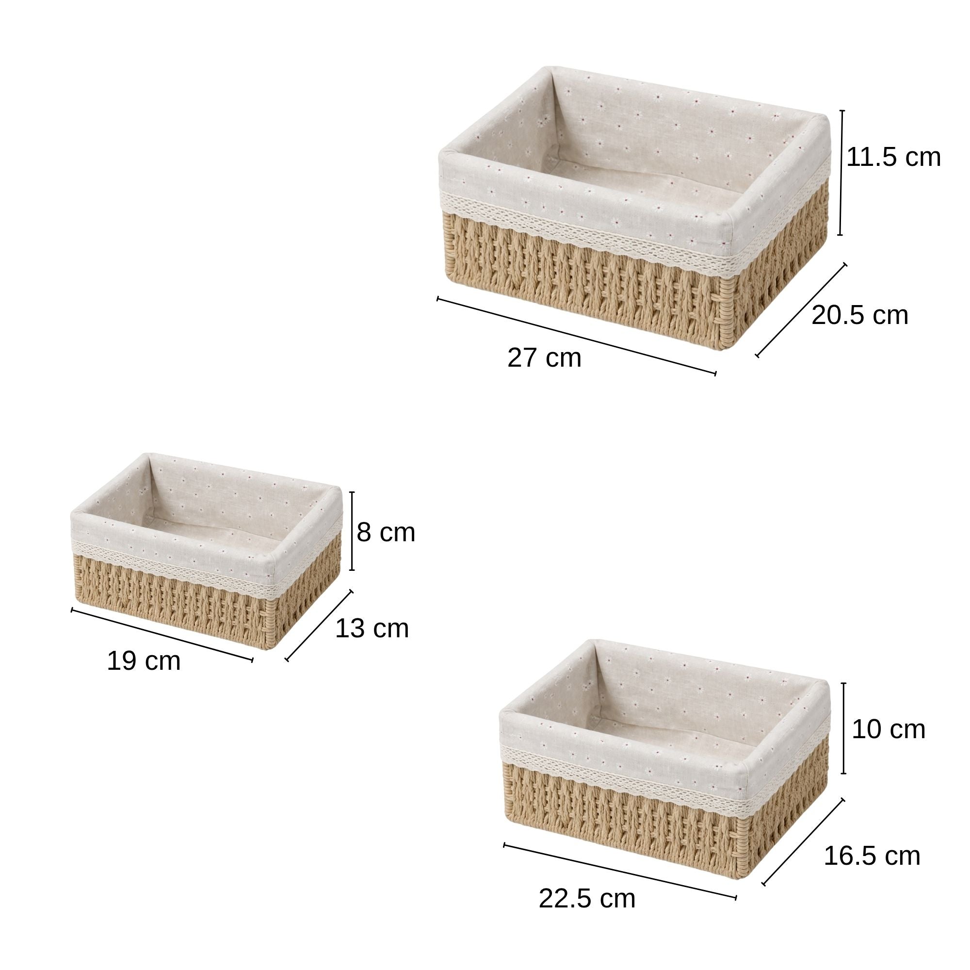 Set of 3 Paper Rope Woven Storage Baskets with Fabric Lining & Lace Trim