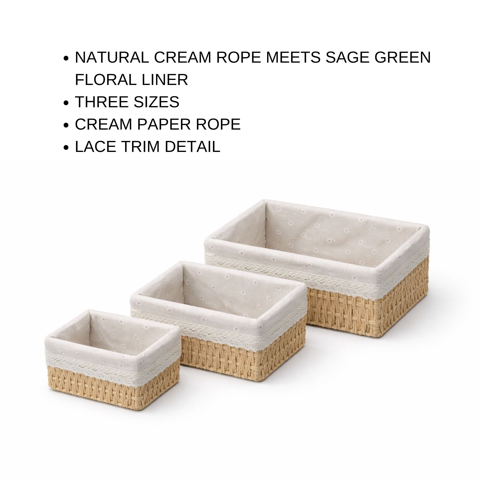 Set of 3 Paper Rope Woven Storage Baskets with Fabric Lining & Lace Trim