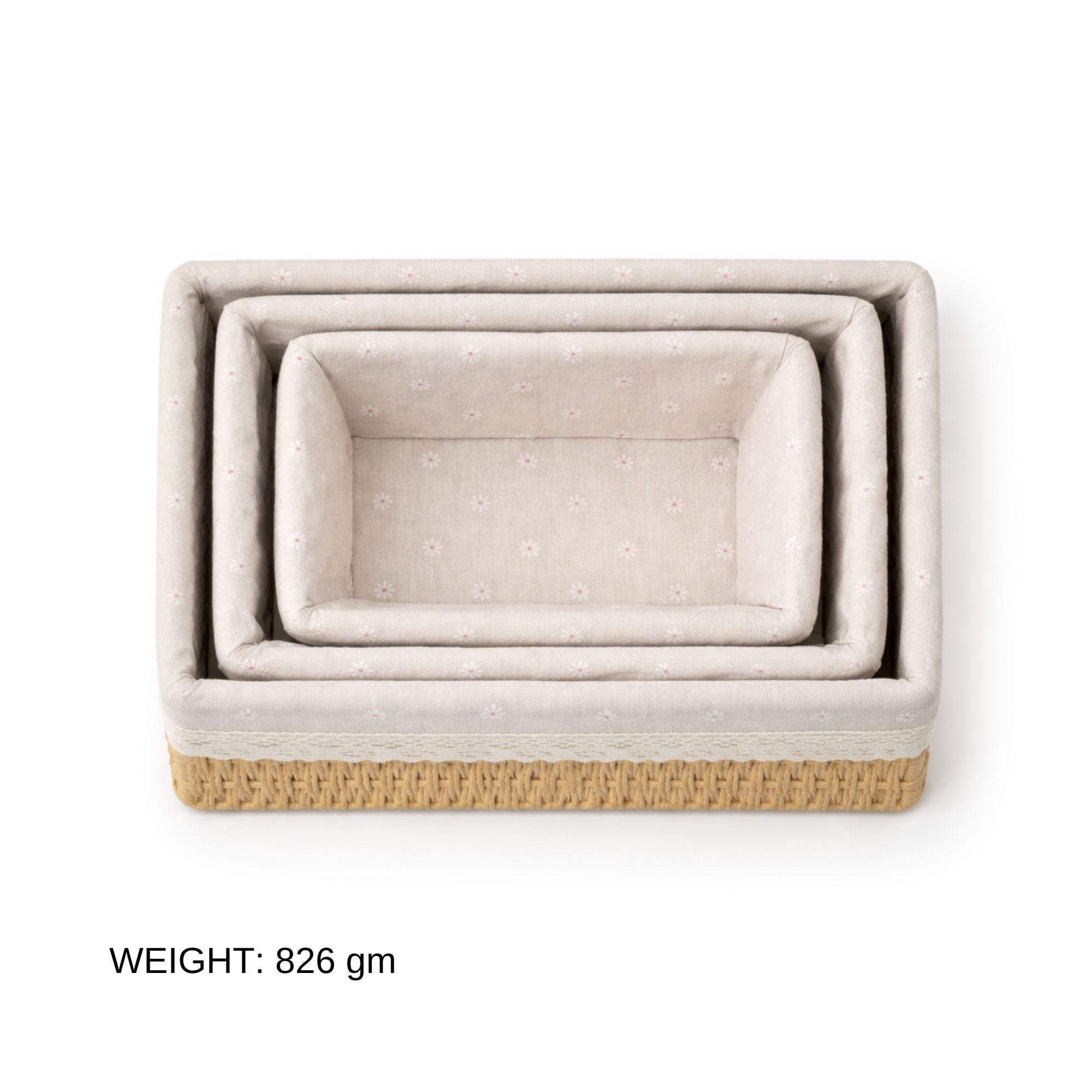 Set of 3 Paper Rope Woven Storage Baskets with Fabric Lining & Lace Trim