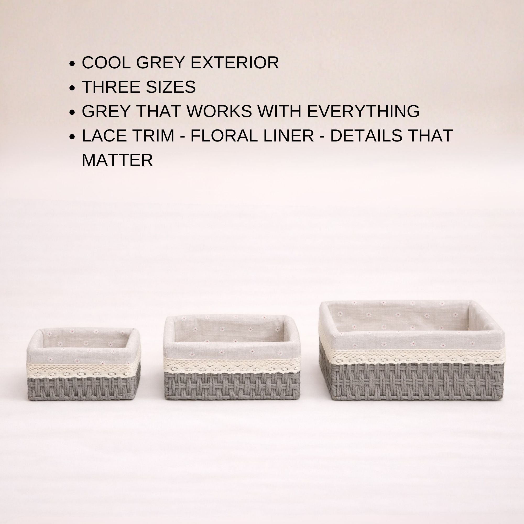 Set of 3 Paper Rope Woven Storage Baskets with Fabric Lining & Lace Trim