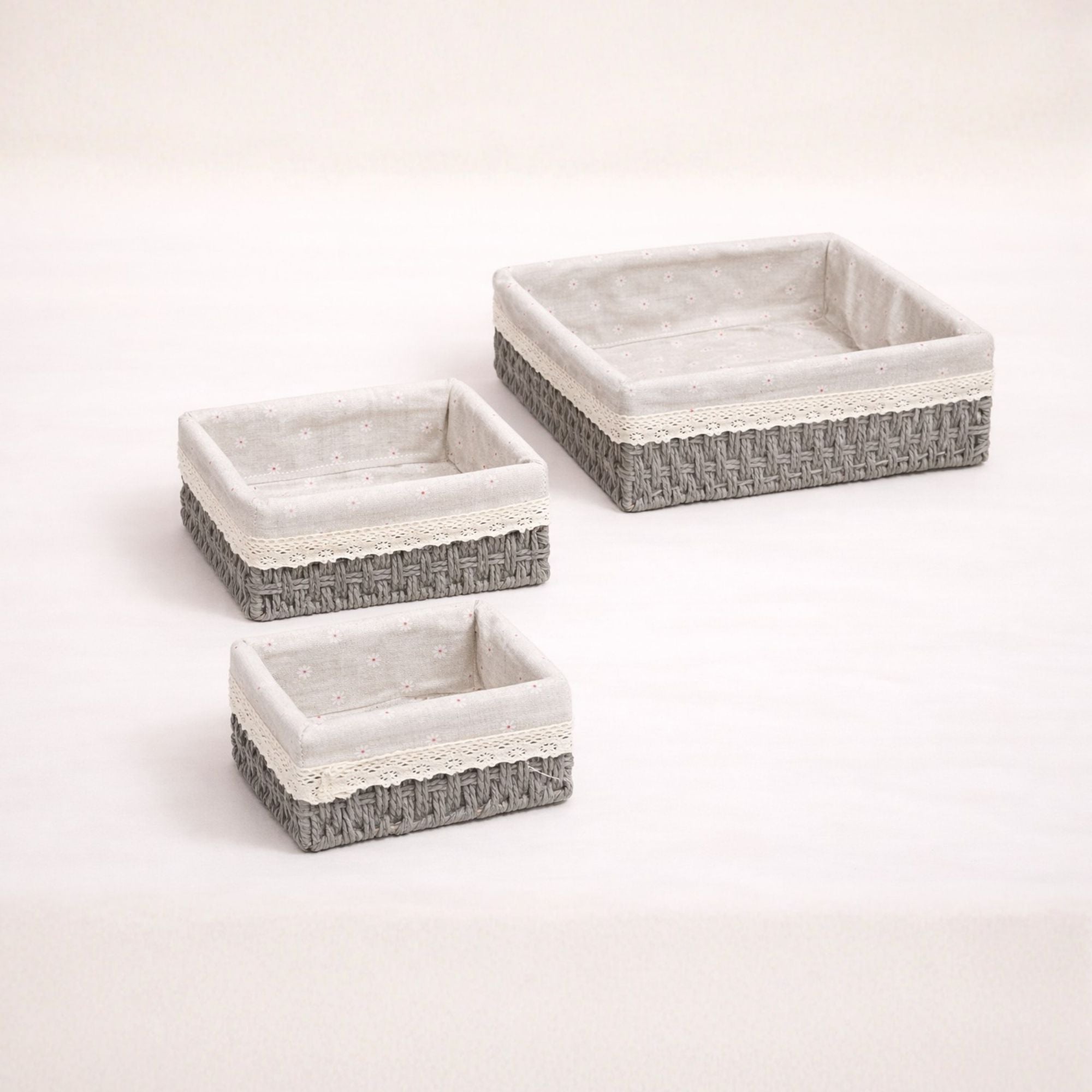 Set of 3 Paper Rope Woven Storage Baskets with Fabric Lining & Lace Trim