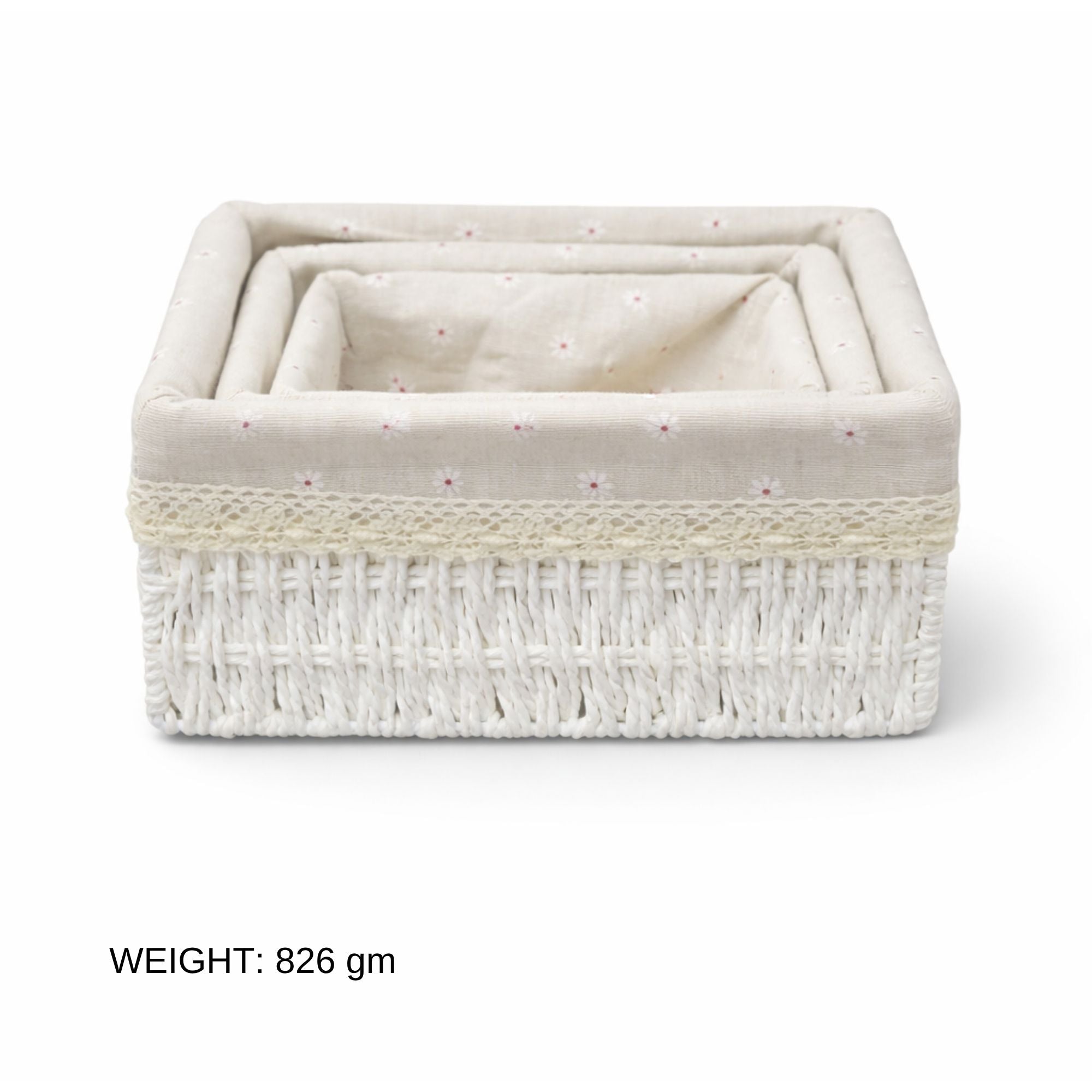 Set of 3 Paper Rope Woven Storage Baskets with Fabric Lining & Lace Trim