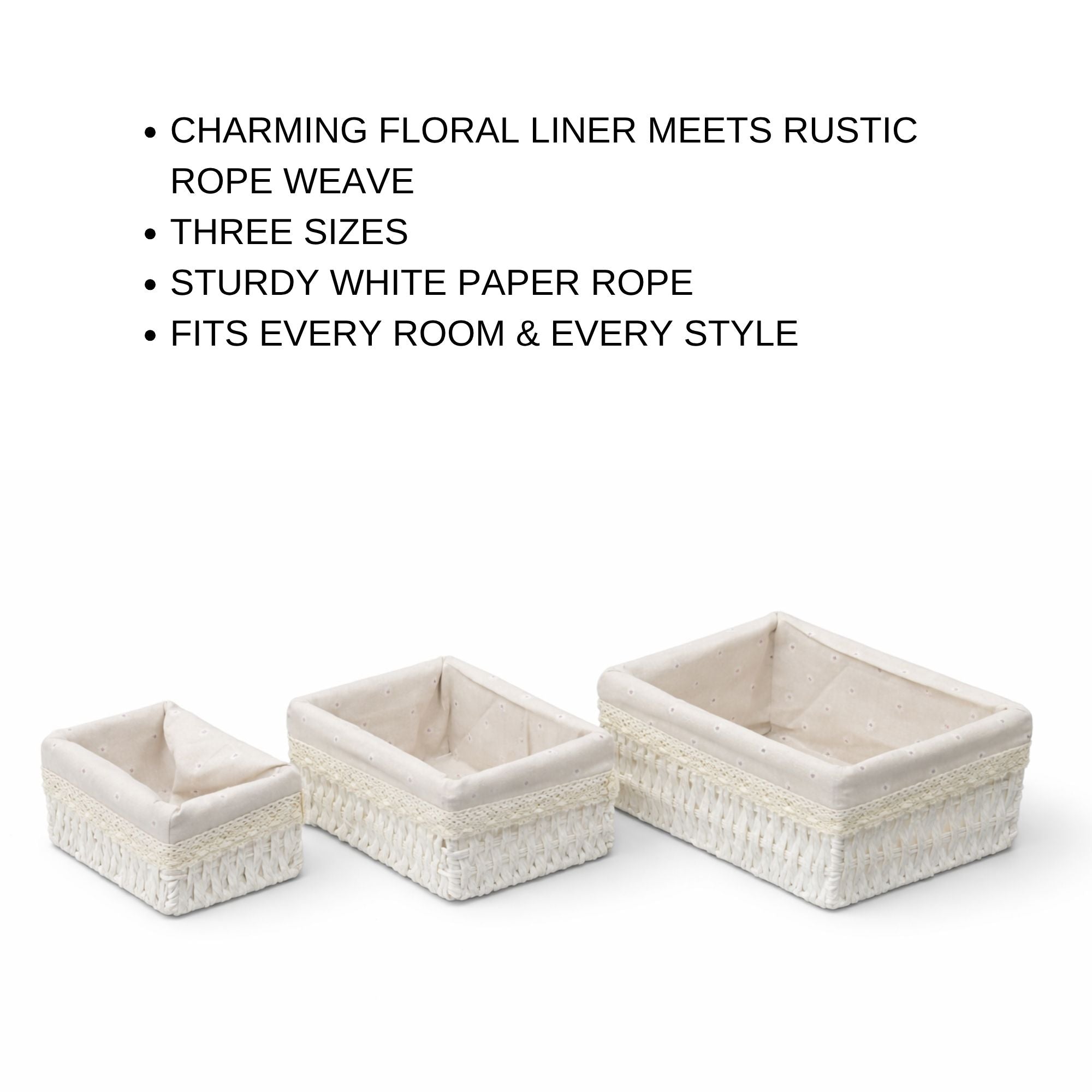 Set of 3 Paper Rope Woven Storage Baskets with Fabric Lining & Lace Trim