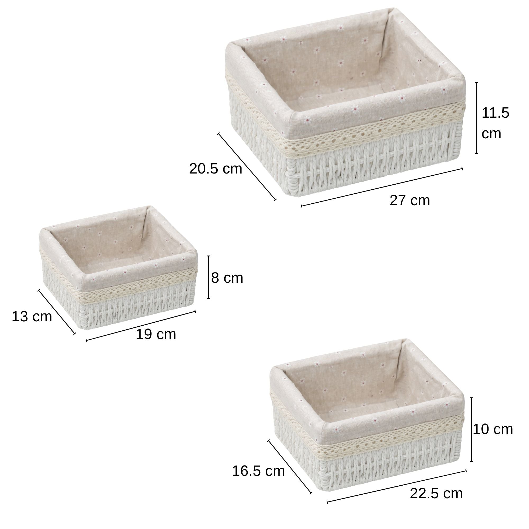 Set of 3 Paper Rope Woven Storage Baskets with Fabric Lining & Lace Trim