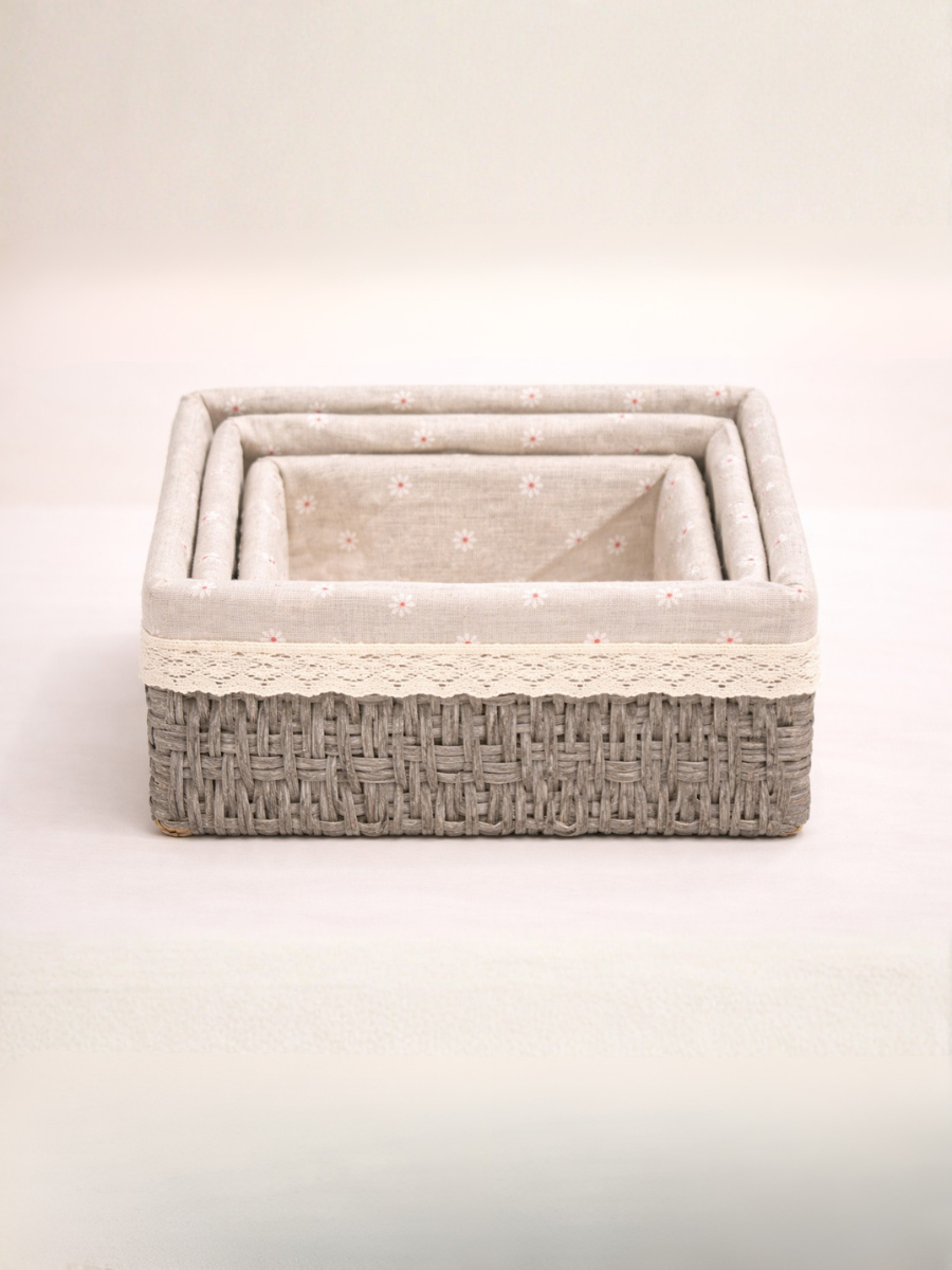 Set of 3 Grey Paper Rope Woven Storage Baskets with Fabric Lining & Lace Trim