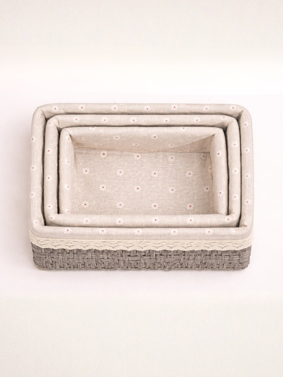 Set of 3 Grey Paper Rope Woven Storage Baskets with Fabric Lining & Lace Trim