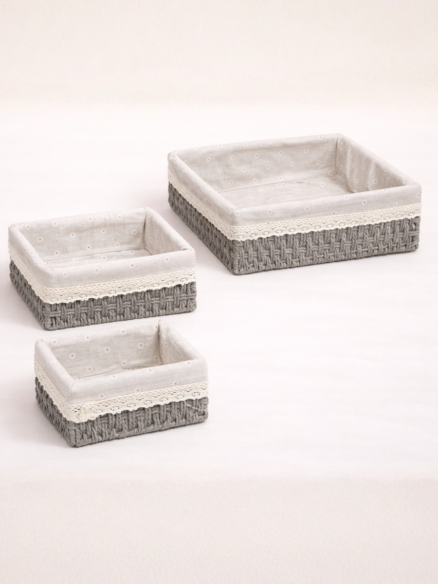 Set of 3 Grey Paper Rope Woven Storage Baskets with Fabric Lining & Lace Trim