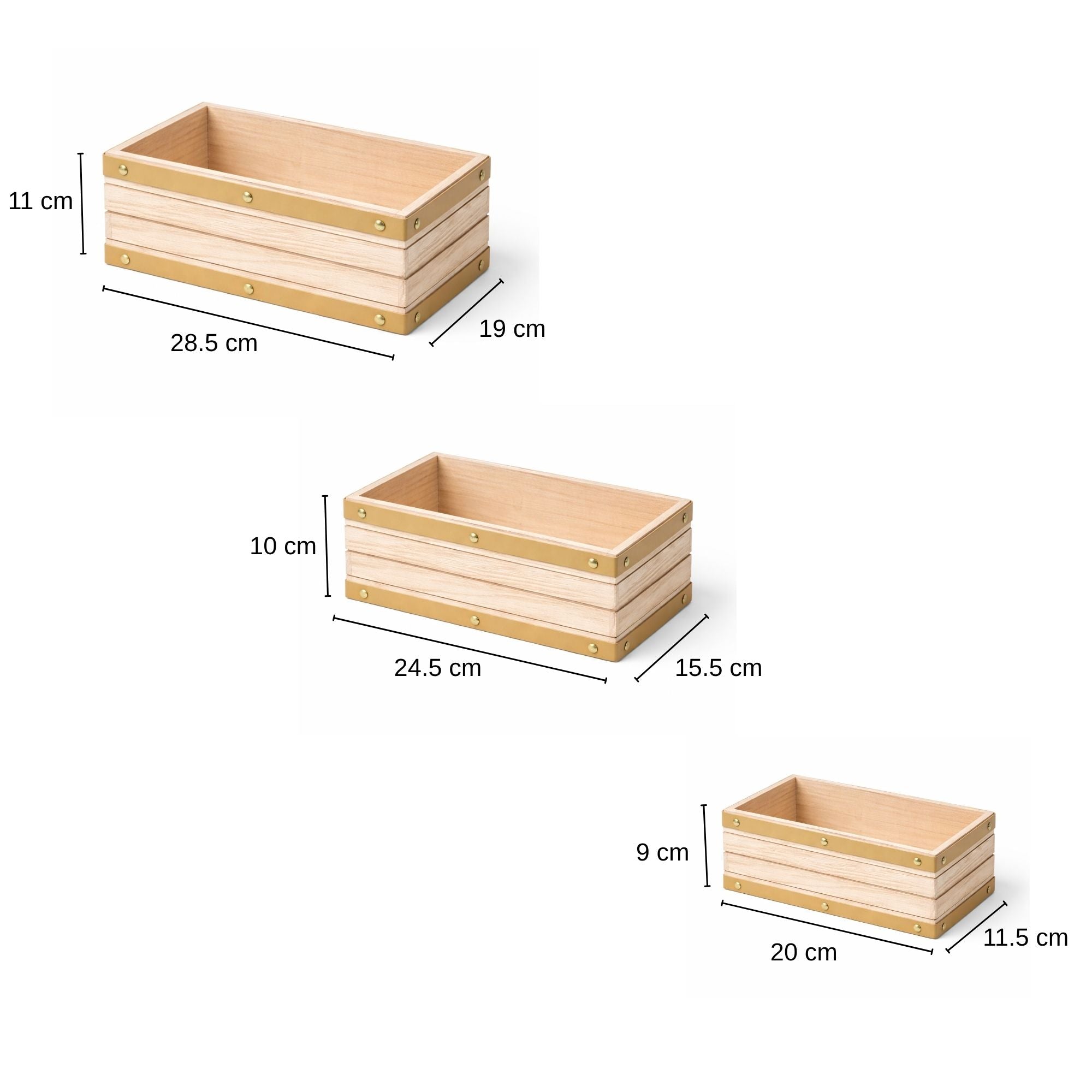 Three wooden crates with dimensions labeled on a white background
