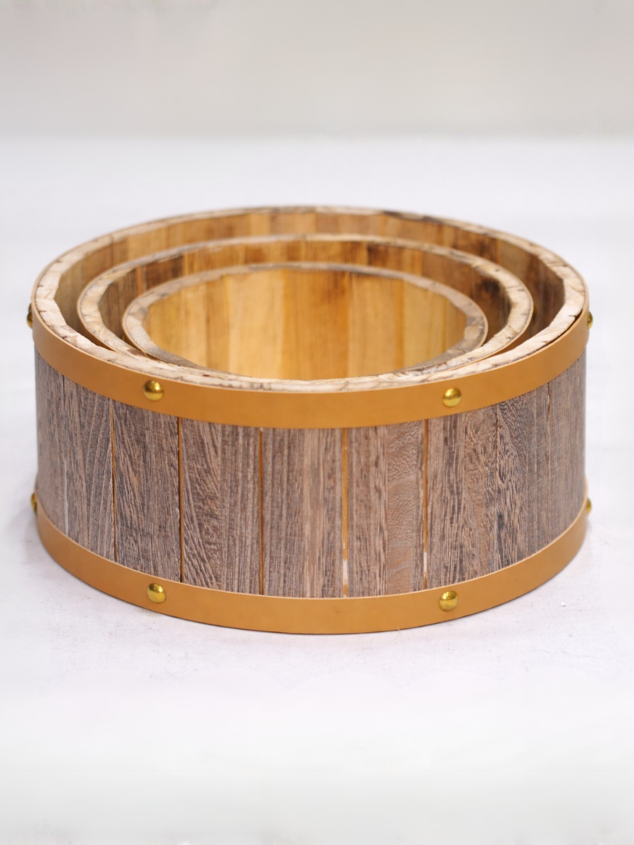 Barrel-Style Storage Containers with Gold Metal Bands- (Set of 3)