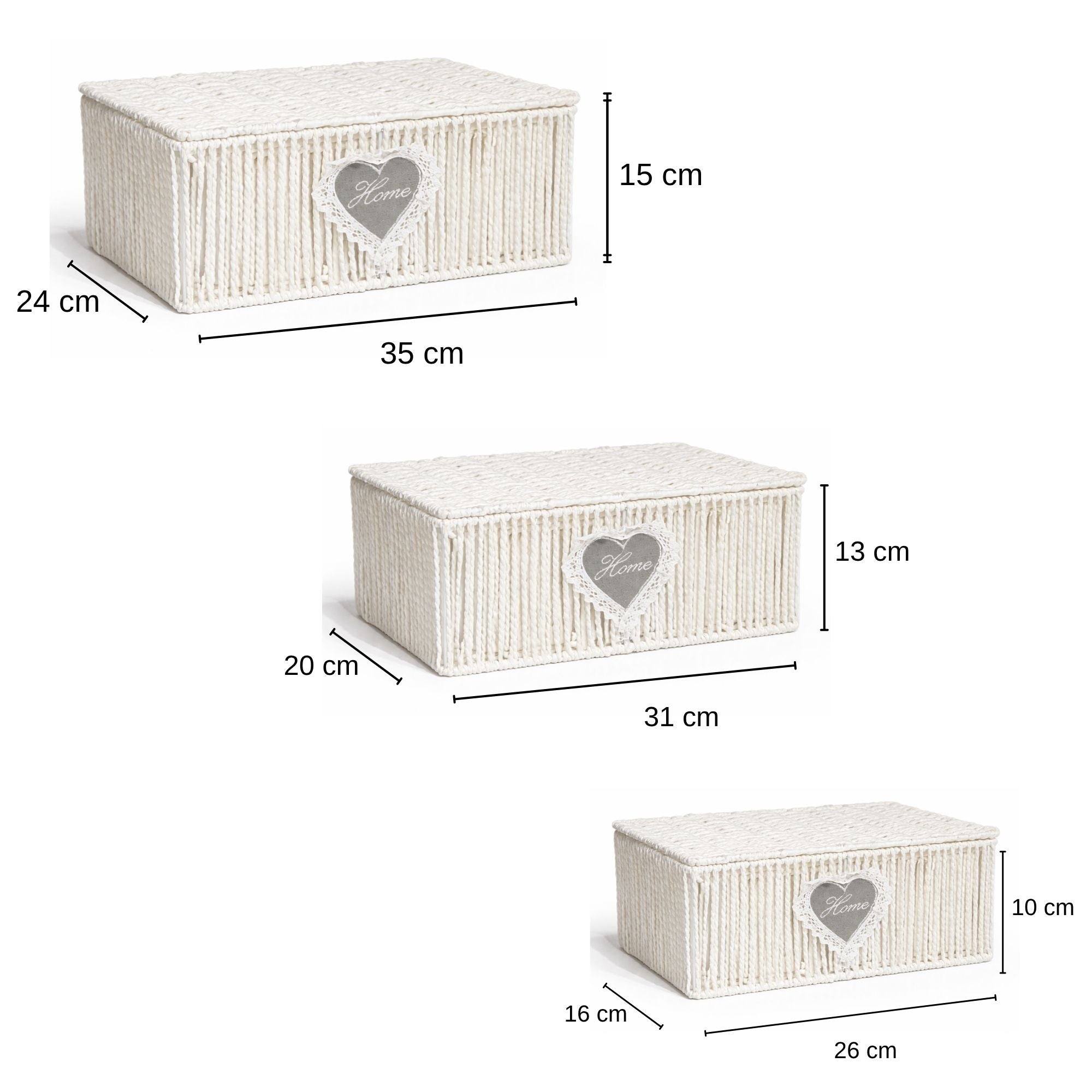 Three white wicker storage boxes with heart-shaped labels and dimensions on a white background
