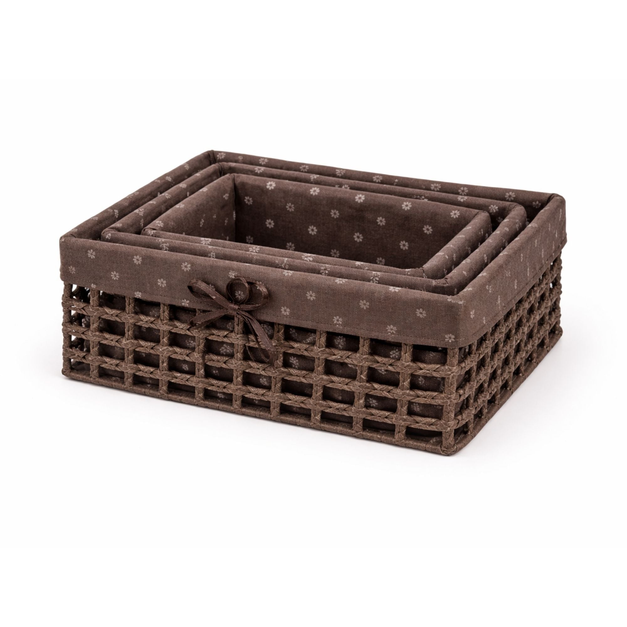 Set of 3 Lined Woven Baskets with Bow | Brown