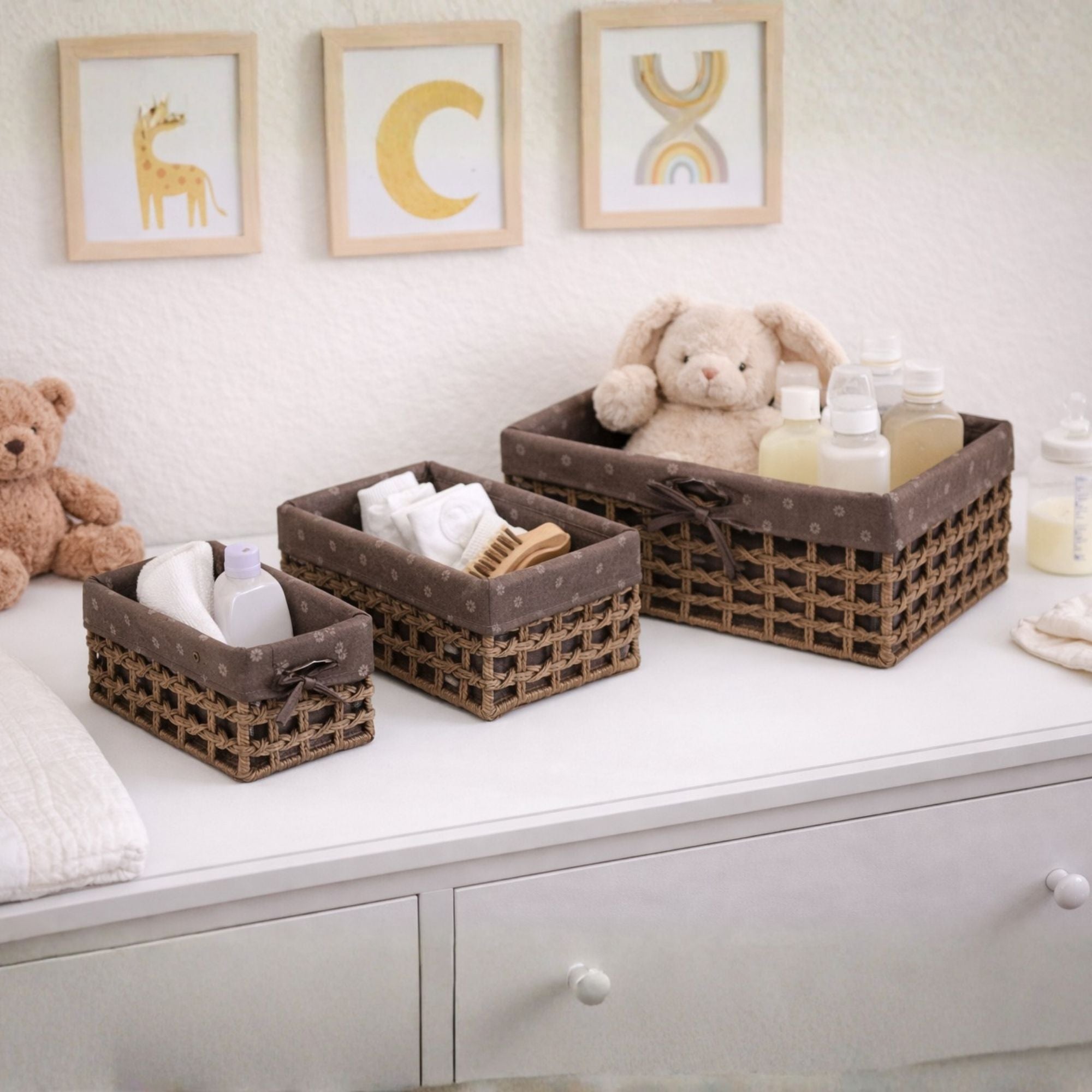 Set of 3 Lined Woven Baskets with Bow | Brown