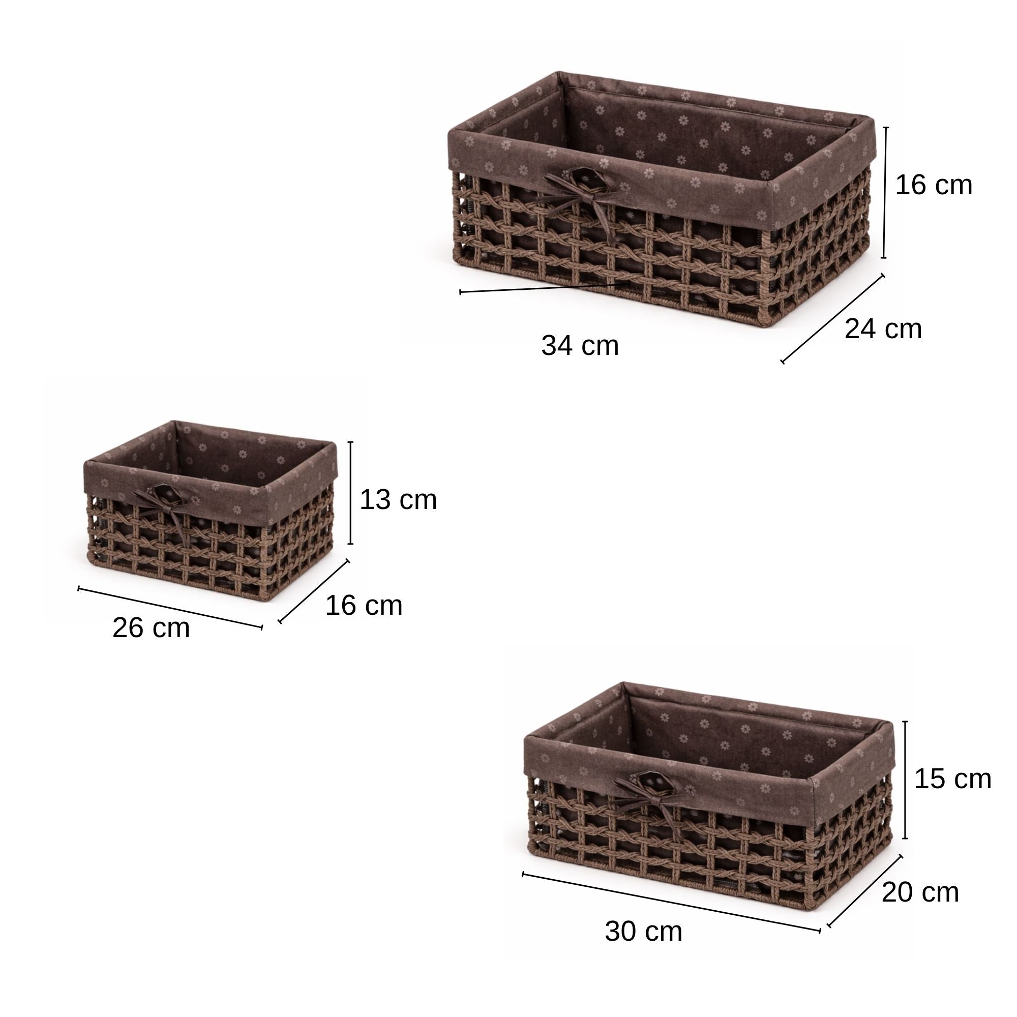 Set of 3 Lined Woven Baskets with Bow | Brown