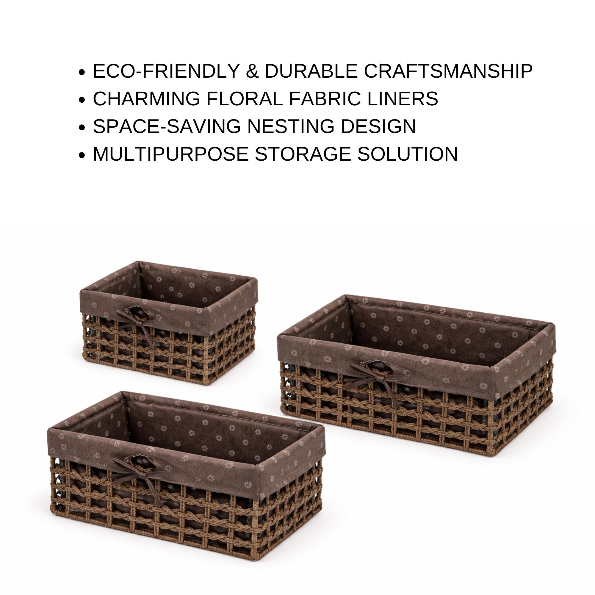 Set of 3 Lined Woven Baskets with Bow | Brown