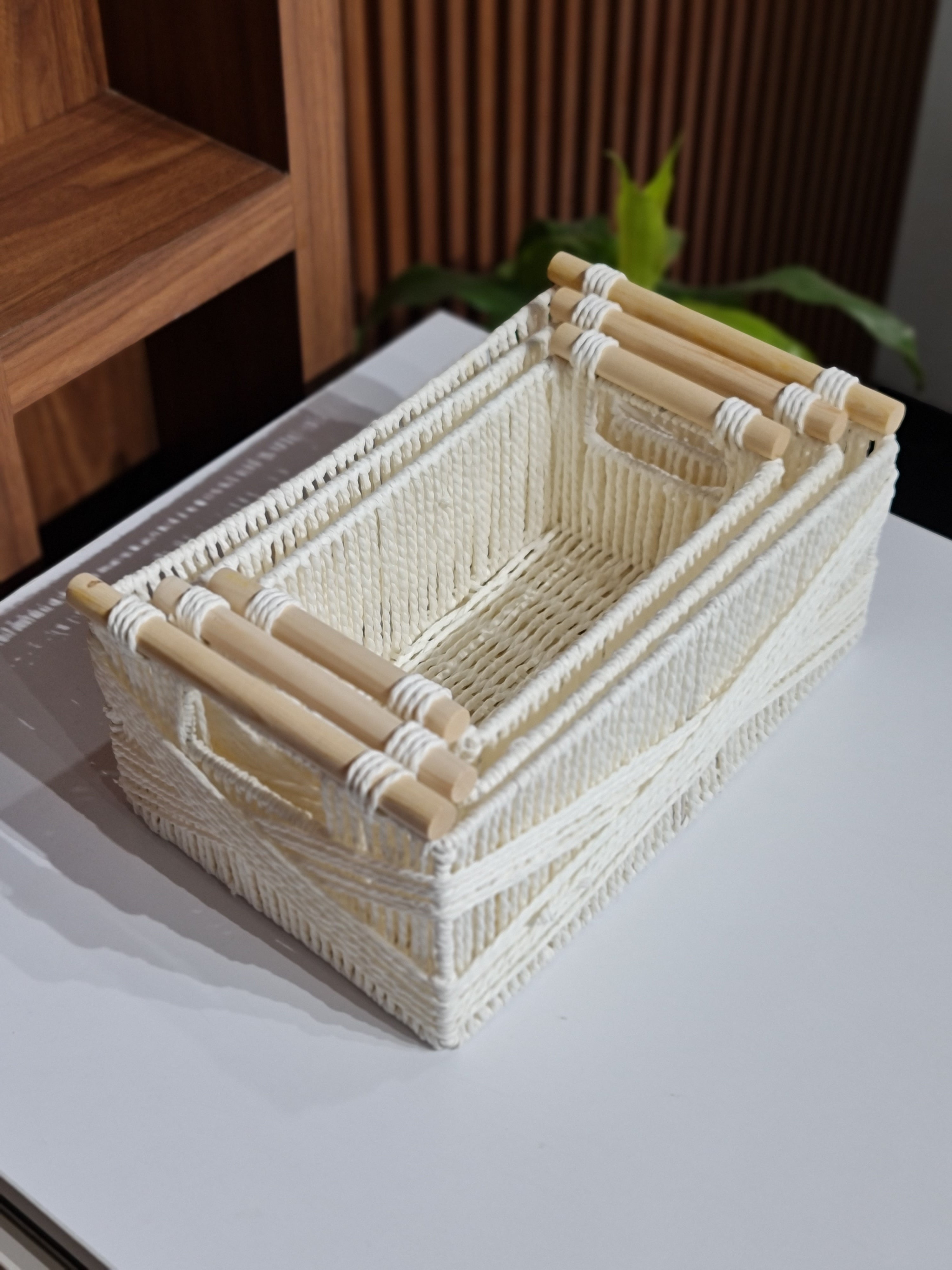 Set of 3 Woven Paper Rope Storage Baskets with Wood Handles & Metal Frame