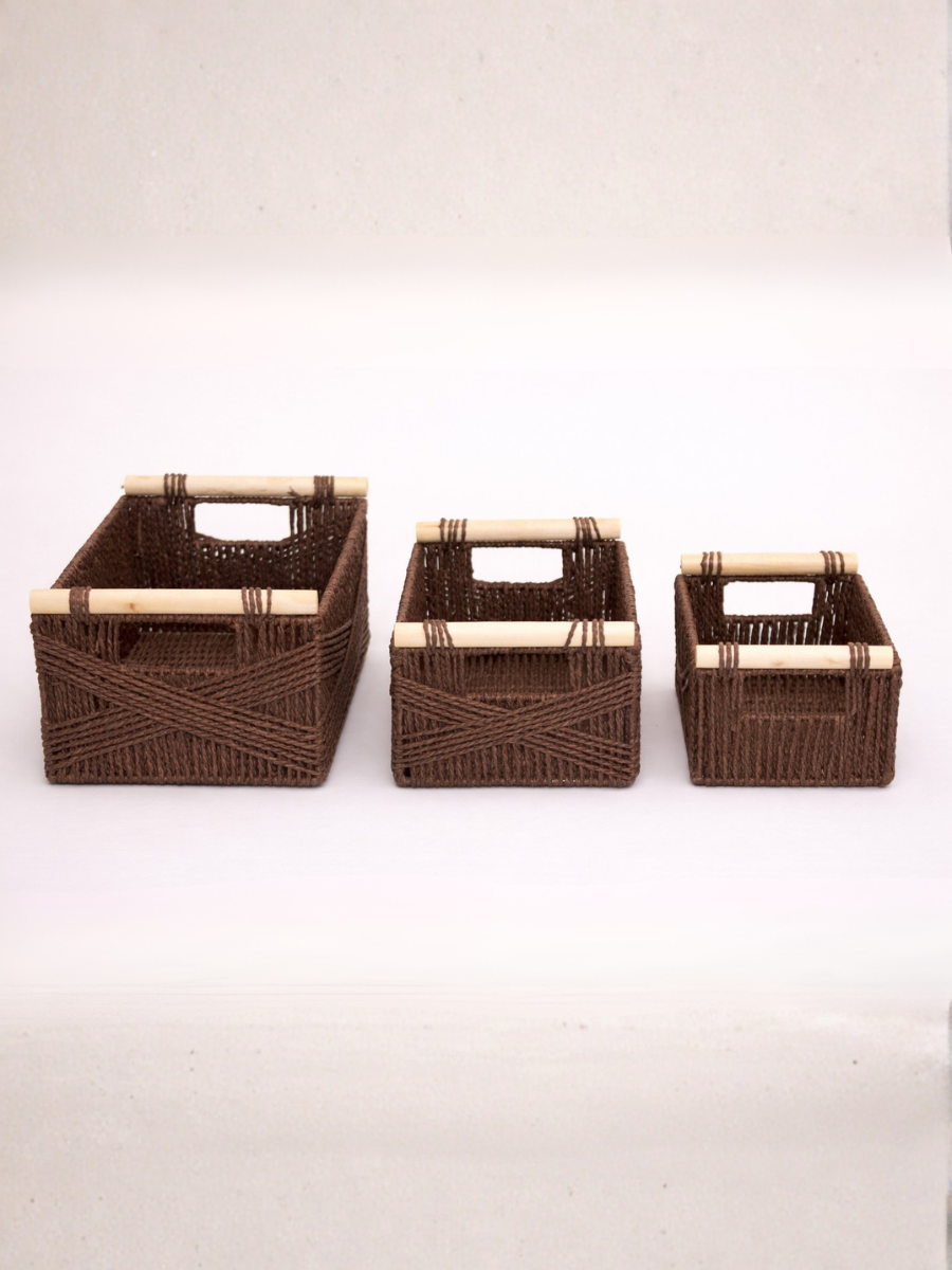 Set of 3 Woven Paper Rope Storage Baskets with Wood Handles & Metal Frame