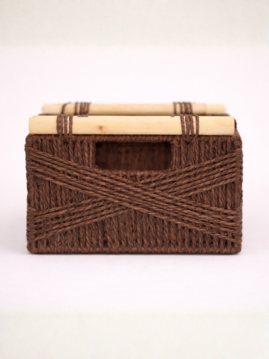 Set of 3 Woven Paper Rope Storage Baskets with Wood Handles & Metal Frame