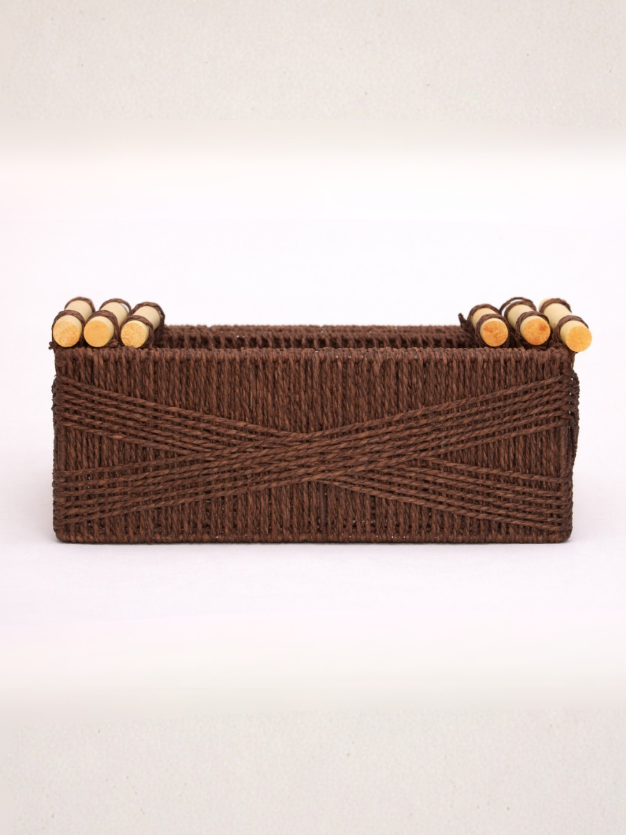 Set of 3 Woven Paper Rope Storage Baskets with Wood Handles & Metal Frame